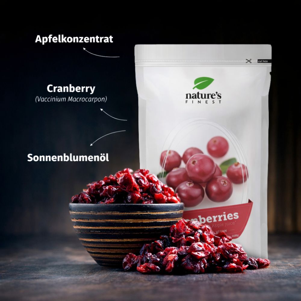 Nature's Finest Cranberries: Beutel, Schale mit getrockneten Cranberries, Zutatenliste.