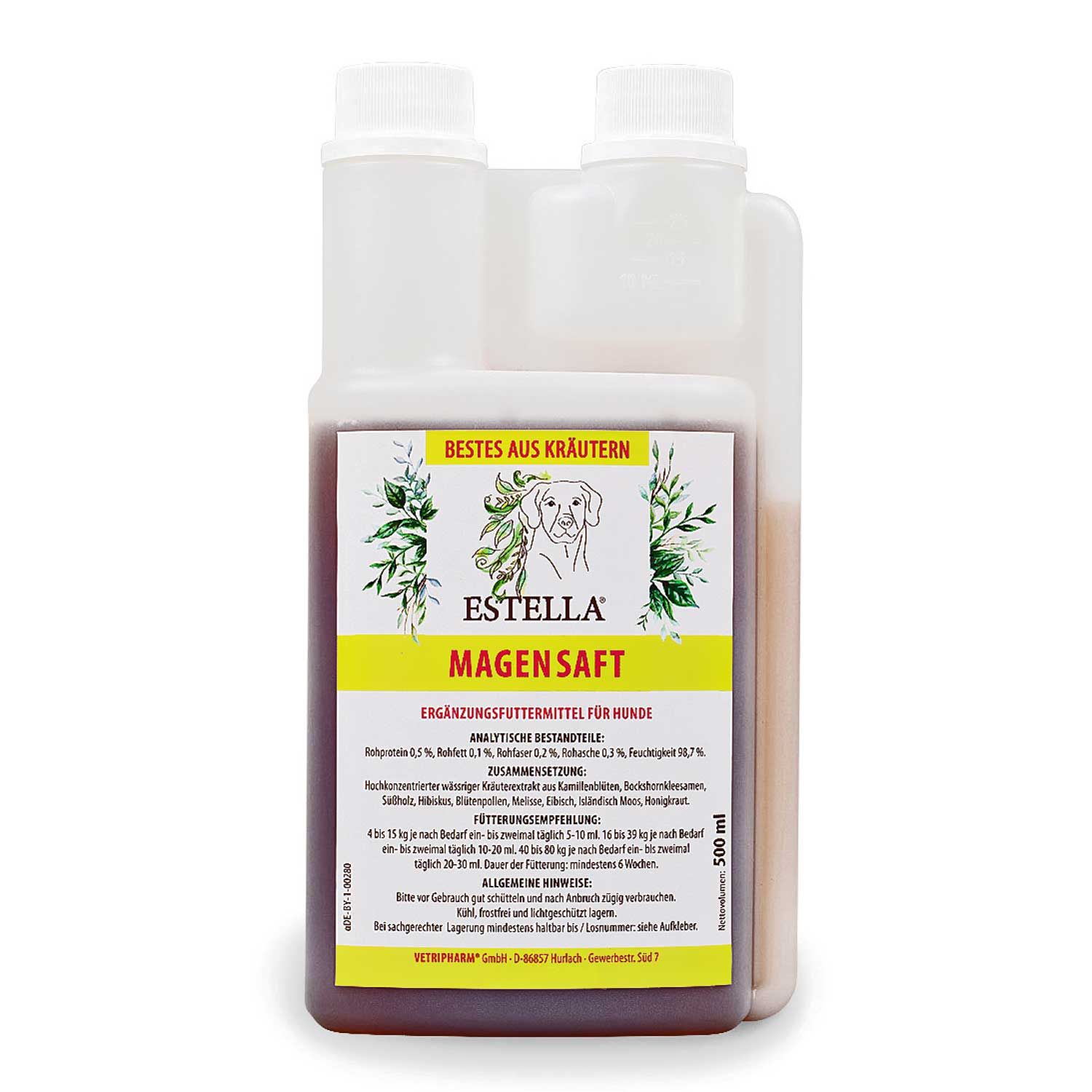 Flasche mit Etikett. Aufschrift: Estella Magensaft. Ergänzungsfuttermittel für Hunde. Gelbes Etikett mit Text und Logo.
