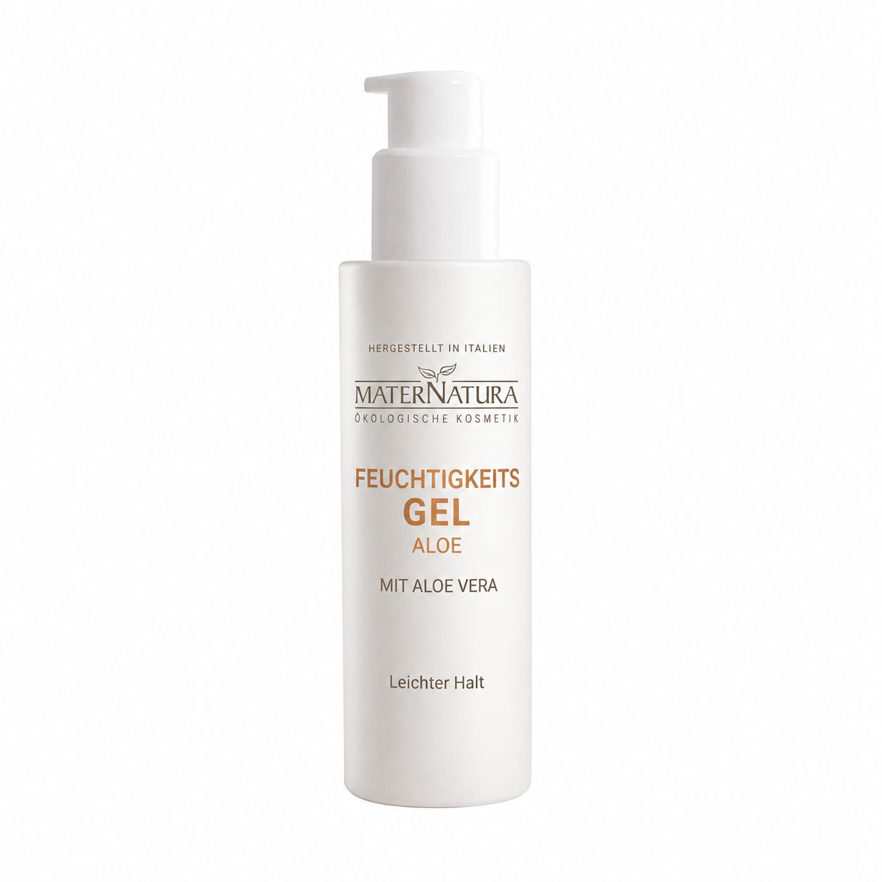 Weiße Flasche mit Pumpspender, MATERNATURA, Feuchtigkeits Gel Aloe mit Aloe Vera.