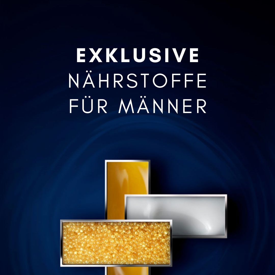 Text EXKLUSIVE NÄHRSTOFFE FÜR MÄNNER. Drei rechteckige Behälter mit Inhalten: Gold, Weiß, Gold.