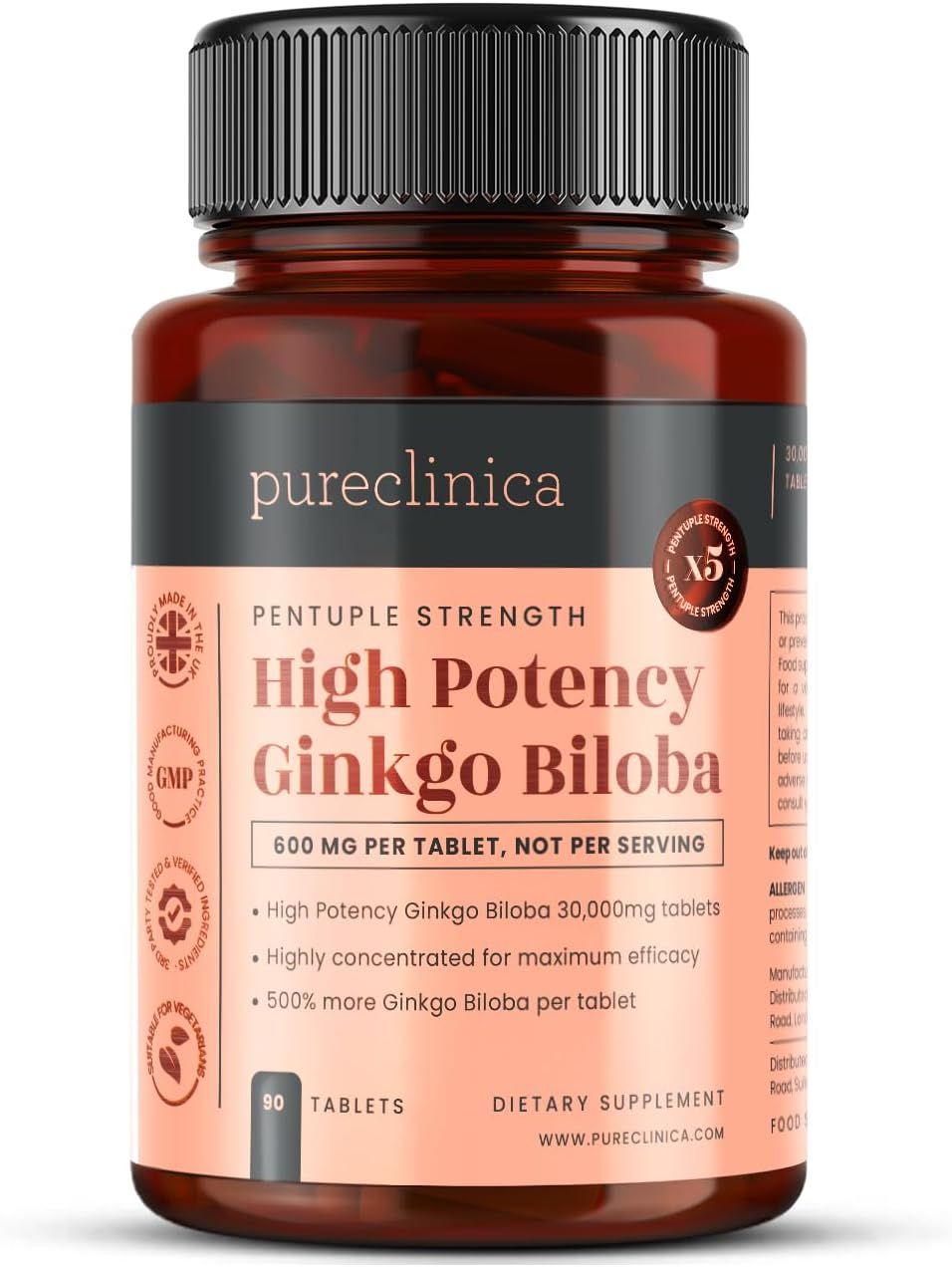 Braune Flasche mit Ginkgo Biloba Tabletten. Text: Pentuple Strength, 600 mg pro Tablette, 90 Tabletten, Dietary Supplement.