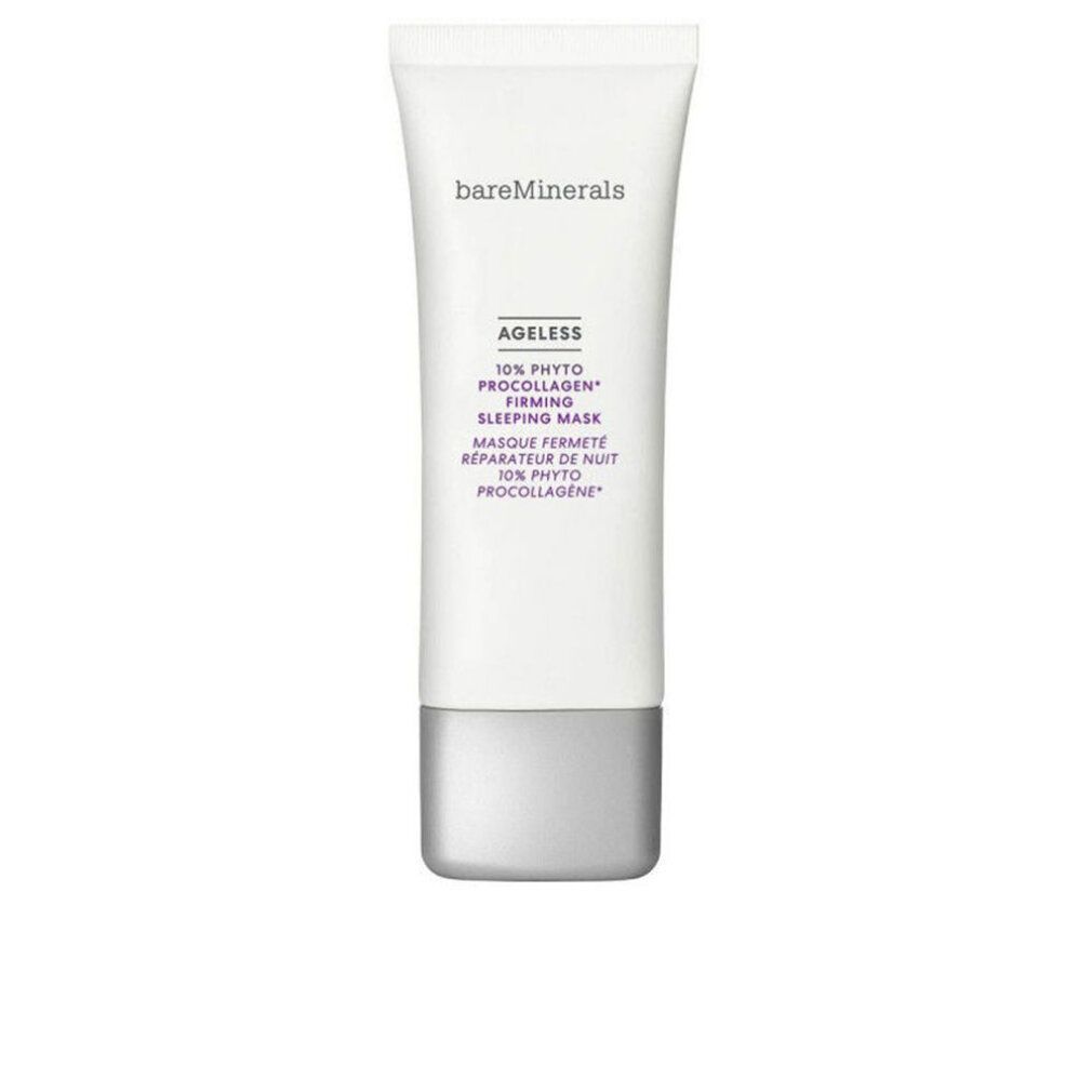 Weiße Tube mit silbernem Deckel. Aufschrift: AGELLESS 10% PHYTO PROCOLLAGEN FIRMING SLEEPING MASK. Marke: bareMinerals.