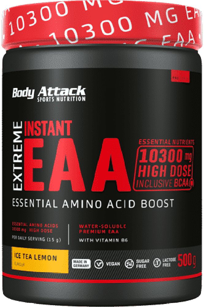 Schwarze Dose mit rotem Deckel. Aufschrift: Body Attack Extreme Instant EAA. Enthält 10300 mg EAA. Geschmack: Ice Tea Lemon. Vegan, zuckerfrei, laktosefrei.