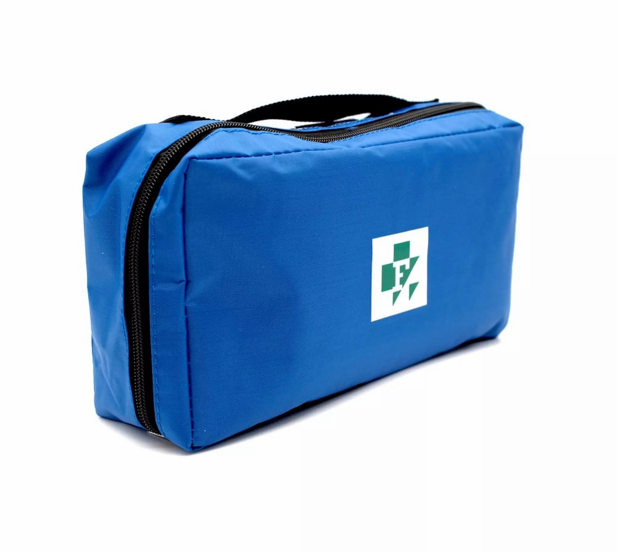 Blaue Tasche mit Reißverschluss und Tragegriff. Weißes Logo mit grünem Symbol. Eckige Form.