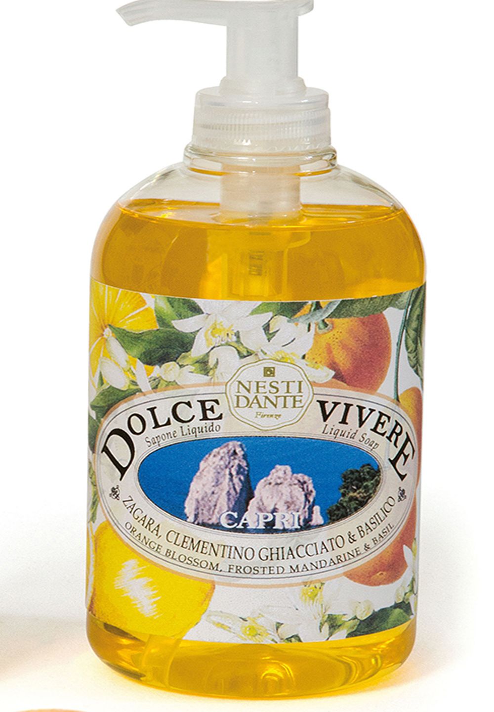 Flüssigseife in einer transparenten Flasche mit Dosierpumpe. Etikett mit Produktnamen und Inhaltsstoffen. Gelbe Flüssigkeit sichtbar.