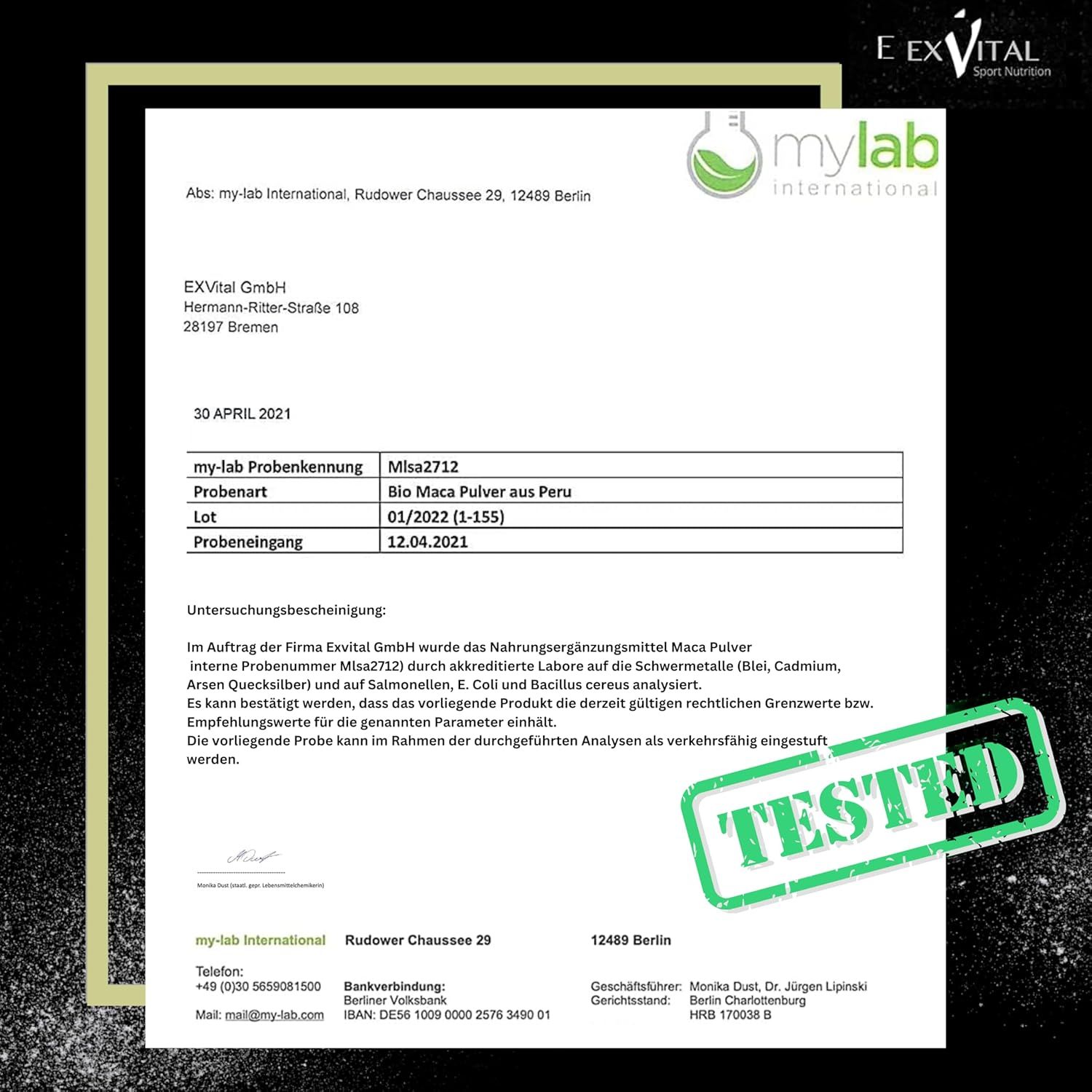 Laborbericht von mylab international. Enthält Informationen zu BIO Maca Pulver aus Peru. Stempel: TESTED.