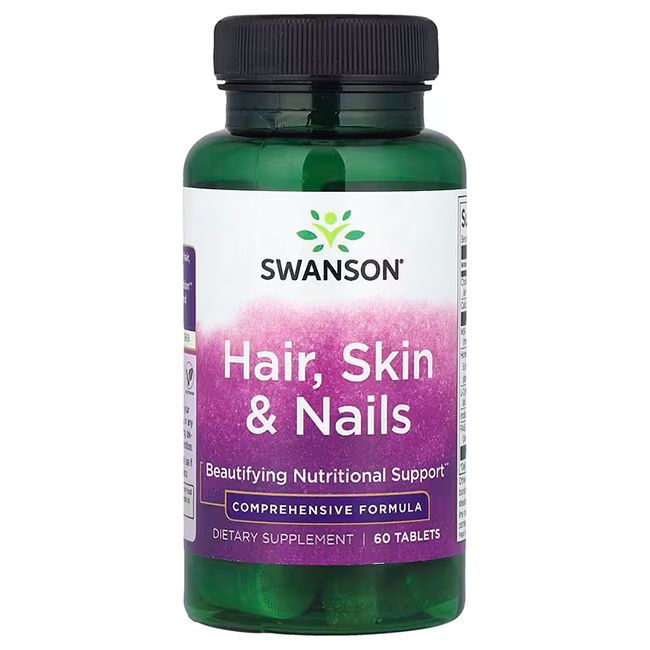 Grüne Flasche mit schwarzem Deckel. Aufschrift: SWANSON Hair, Skin & Nails. 60 Tabletten.