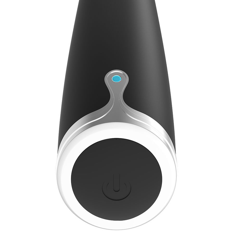 Schwarzer Silikon-Vibrator mit silbernem Ring und blauer LED.