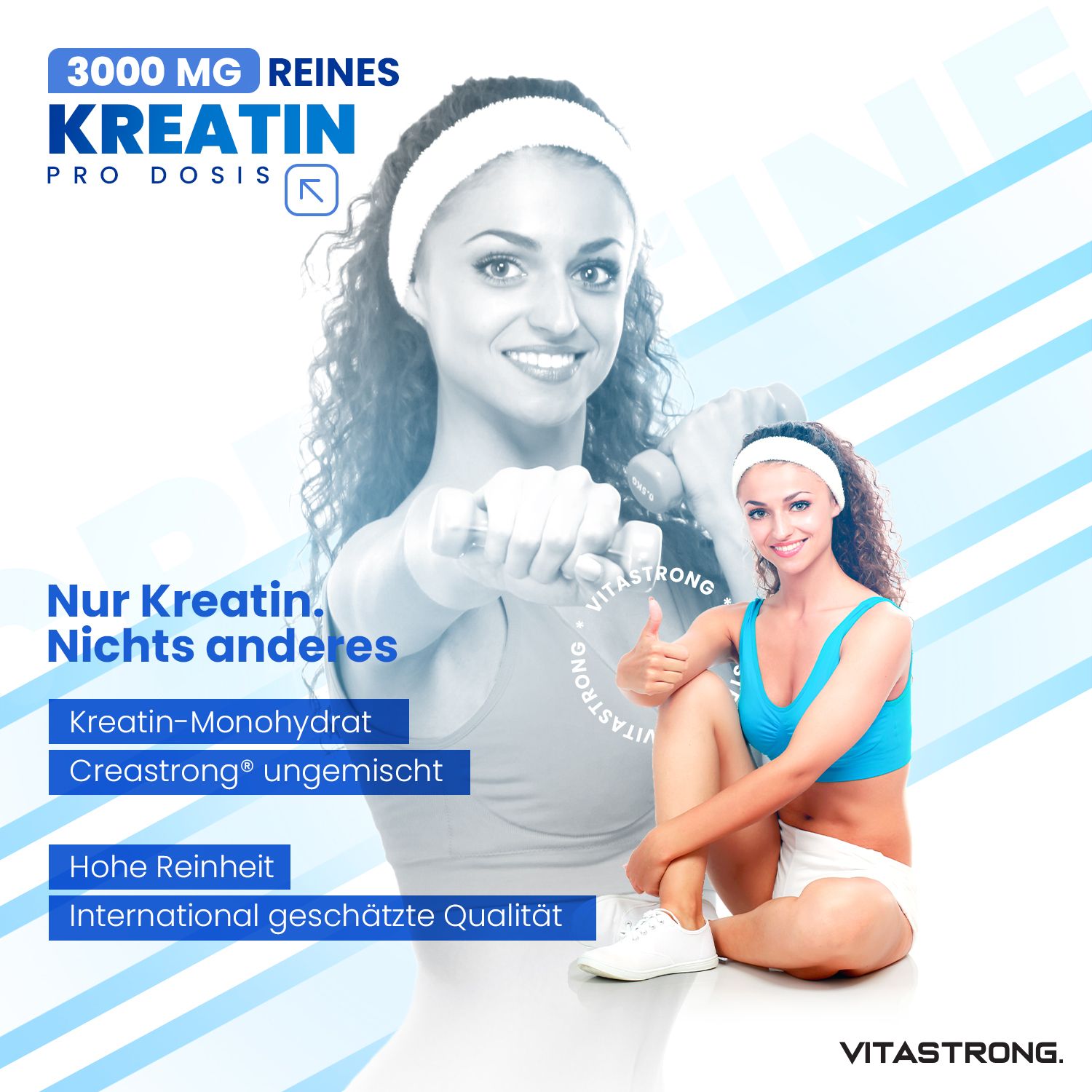 Frau mit Dose und Hanteln. Text: 3000 MG REINES KREATIN. Nur Kreatin. CreaStrong® ungemischt.