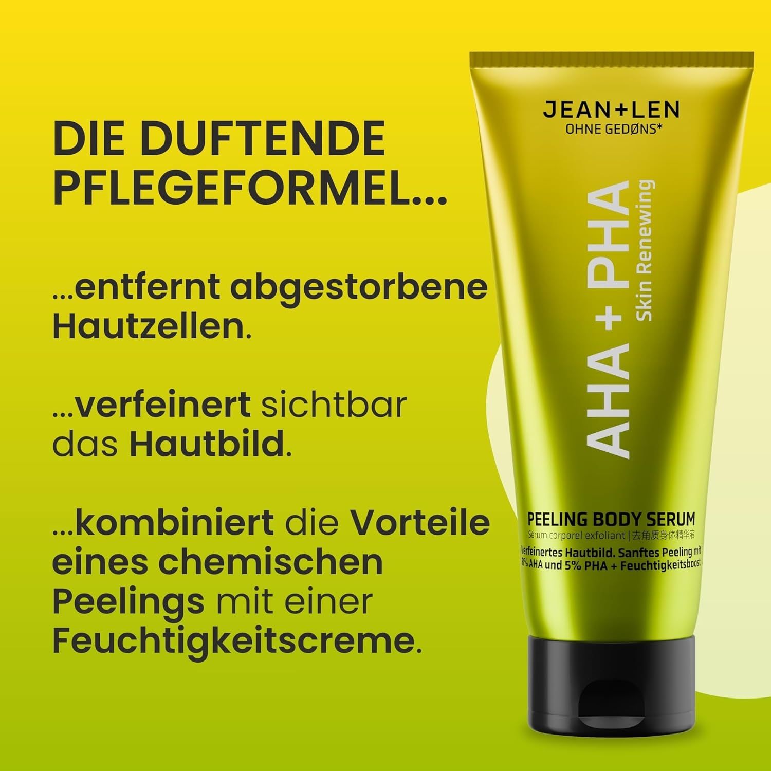 Grüne Tube mit schwarzem Deckel. Text: AHA + PHA, Peeling Body Serum. Beschreibung: entfernt Hautzellen, verfeinert Hautbild, kombiniert Peeling mit Creme.