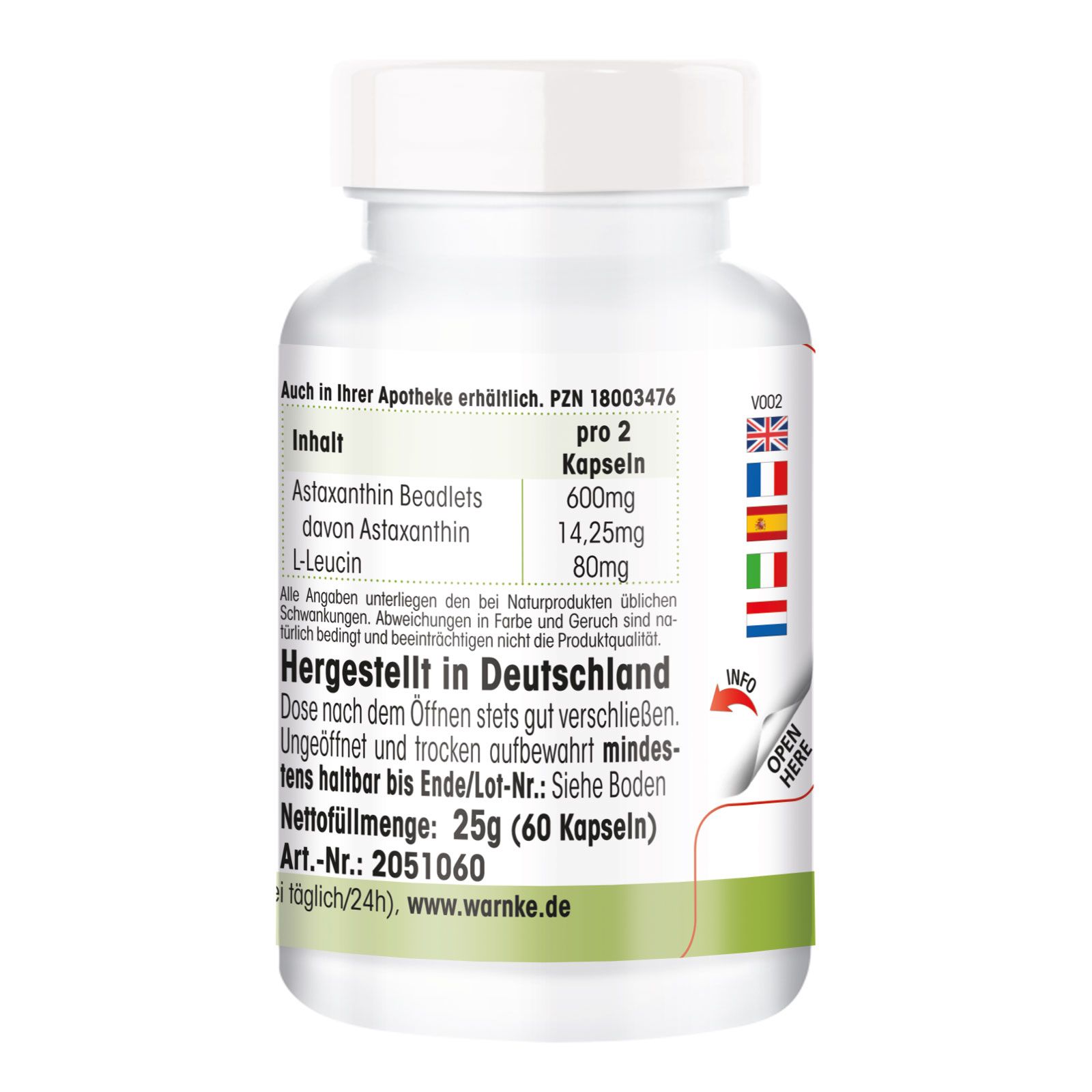 Rückseite der Flasche. Text: Inhalt, hergestellt in Deutschland, Nettomenge 25g (60 Kapseln). Warnke.de.