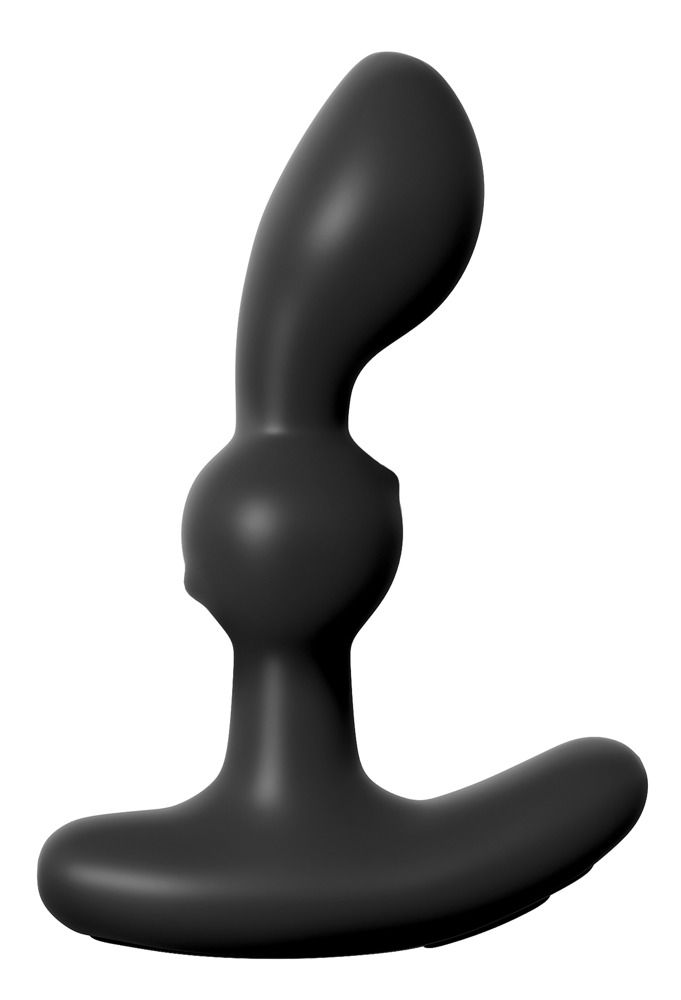 Schwarzer Silikon-Prostatavibrator mit T-Griff und gebogener Spitze.