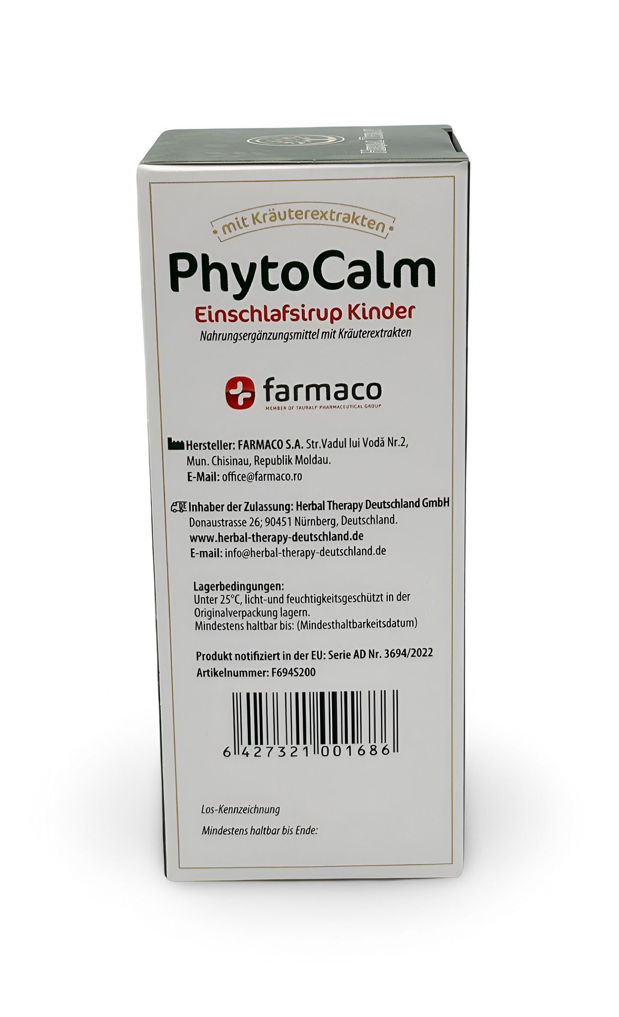 Rückseite der Verpackung von PhytoCalm Einschlafsirup Kinder. Hersteller, Adresse, Mindesthaltbarkeit, Chargennummer.