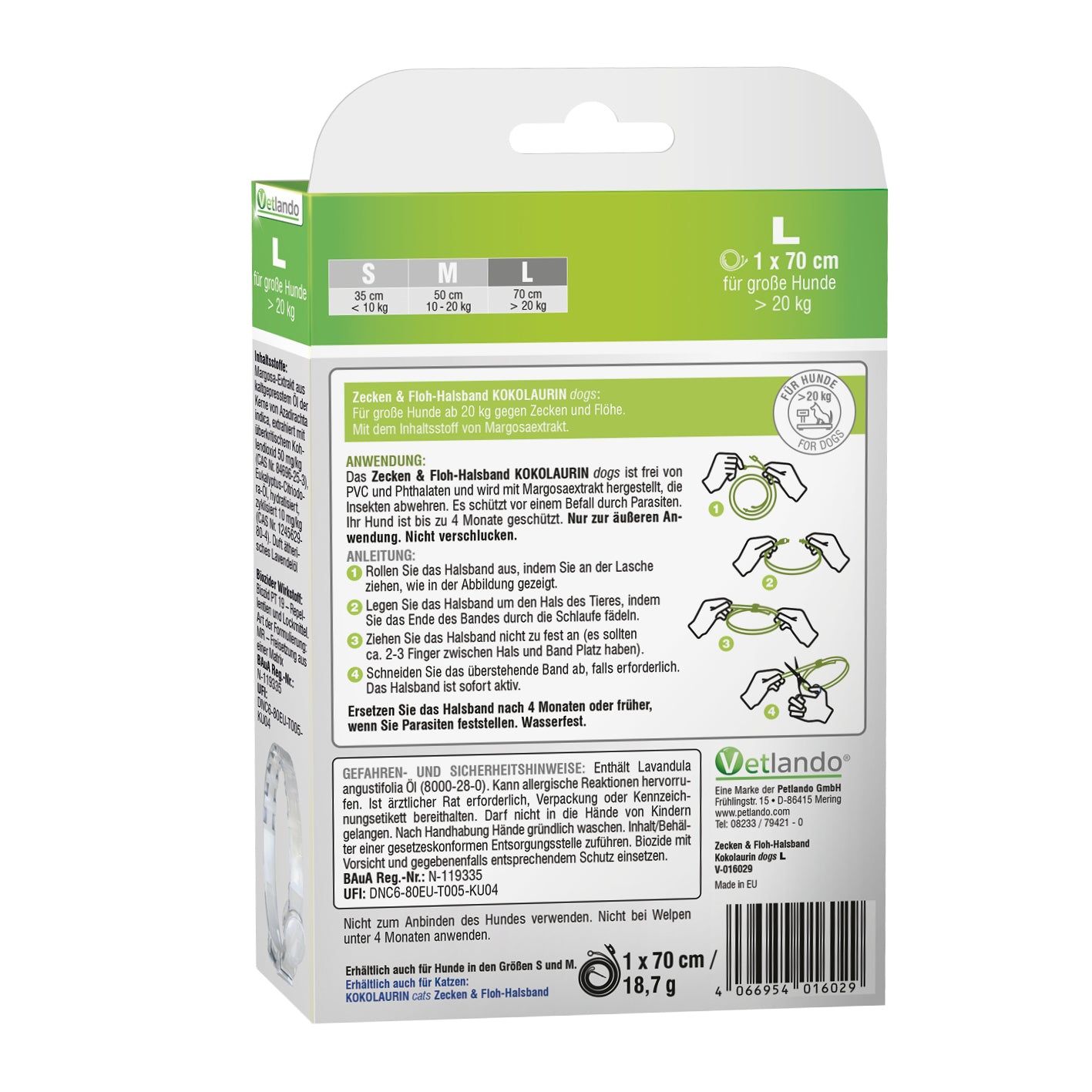 Rückseite der Verpackung des Vetlando Zecken- & Floh-Halsband Kokolaurin. Zeigt Größen und Anwendungshinweise.