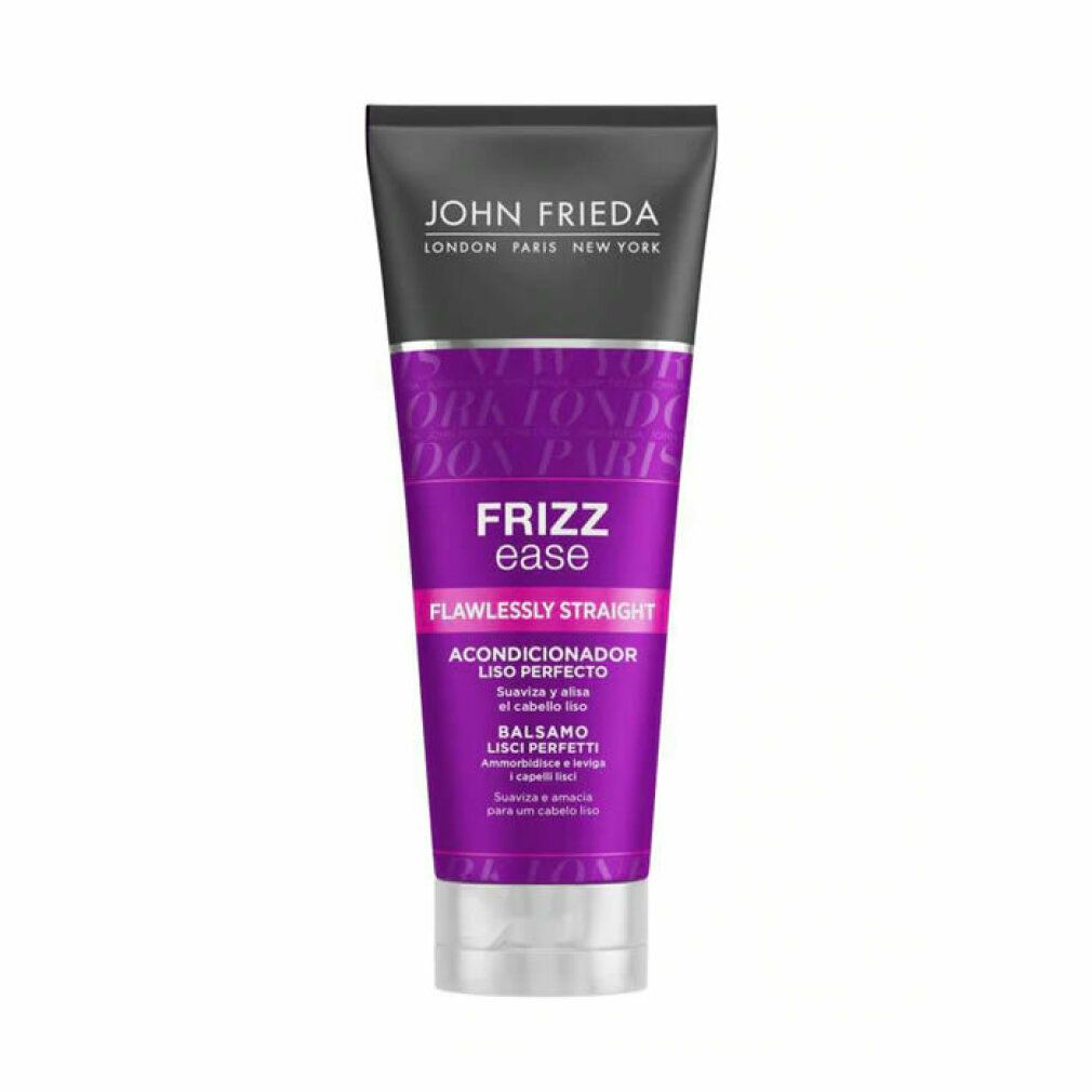 Conditioner-Tube mit John Frieda-Logo. Lila-farbenes Design mit Schriftzug Frizz Ease, Flawlessly Straight und Conditioner.