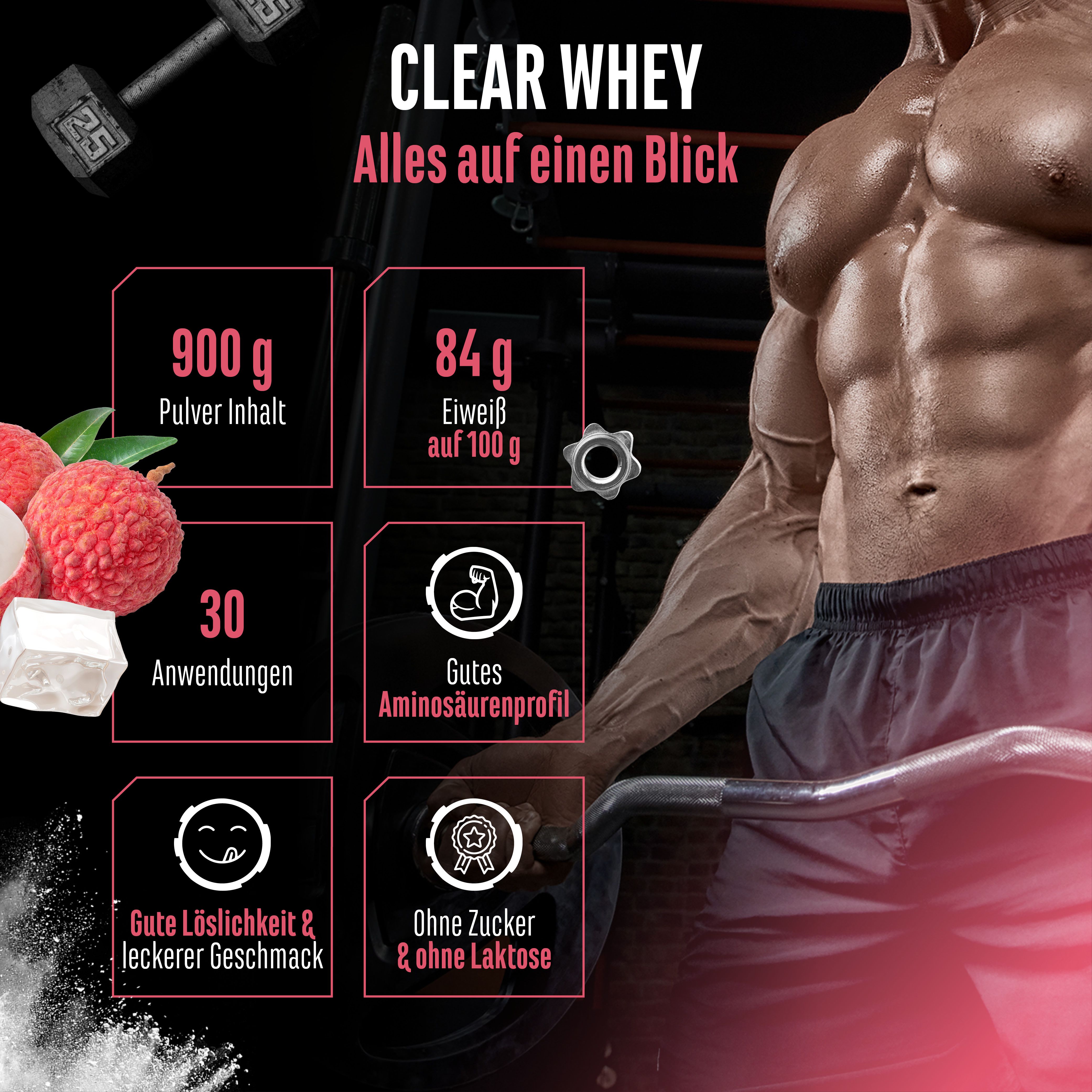 Grafik mit "CLEAR WHEY". Informationen: 900g Inhalt, 84g Eiweiß pro 100g, 30 Anwendungen, gutes Aminosäurenprofil, ohne Zucker & Laktose.