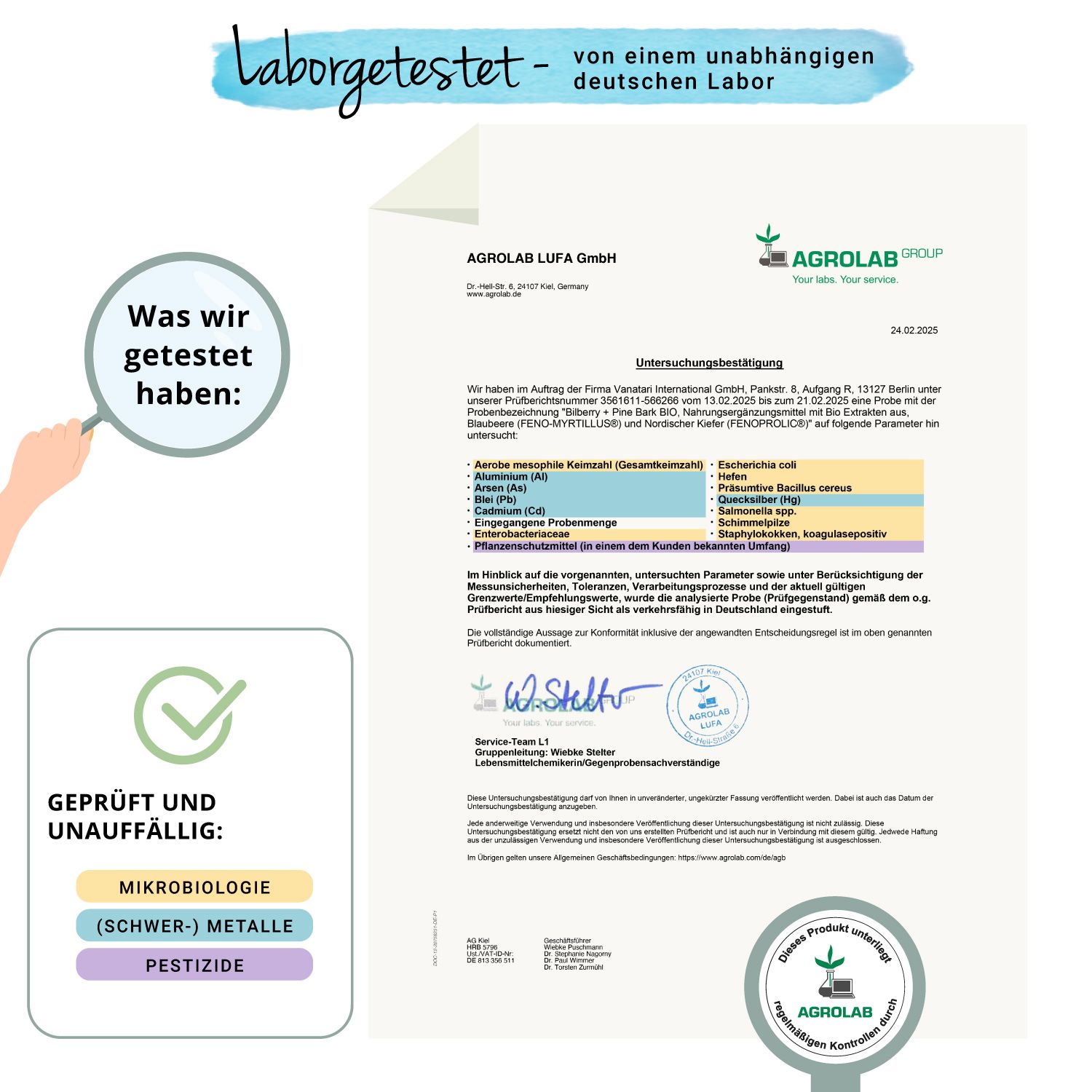 Laborbericht. Zertifikat von Agrolab. Geprüft auf Mikrobiologie, Schwermetalle und Pestizide.