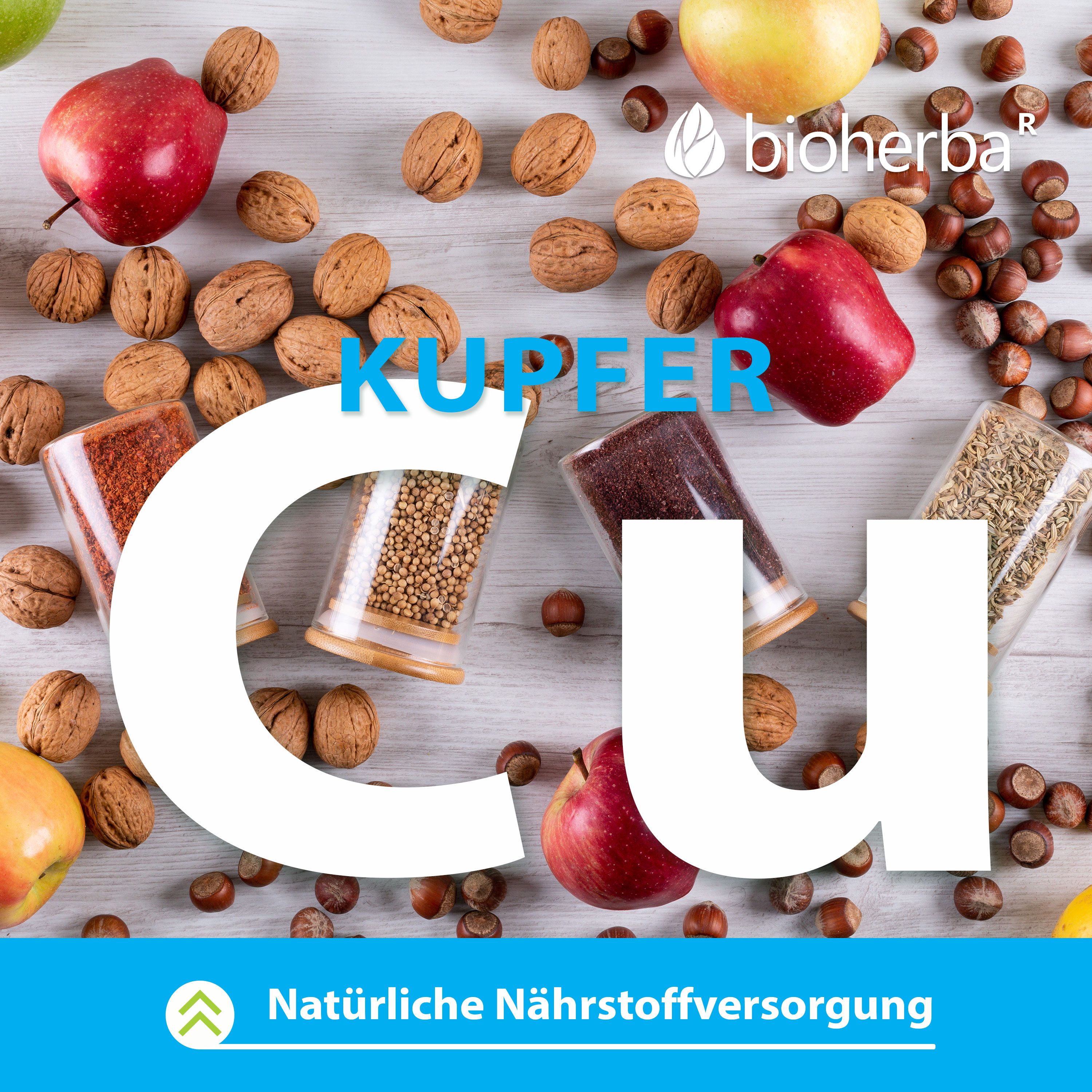 Hintergrund mit Kupfer, Äpfeln, Nüssen und Gewürzen. Text: Natürliche Nährstoffversorgung. Kupfer.
