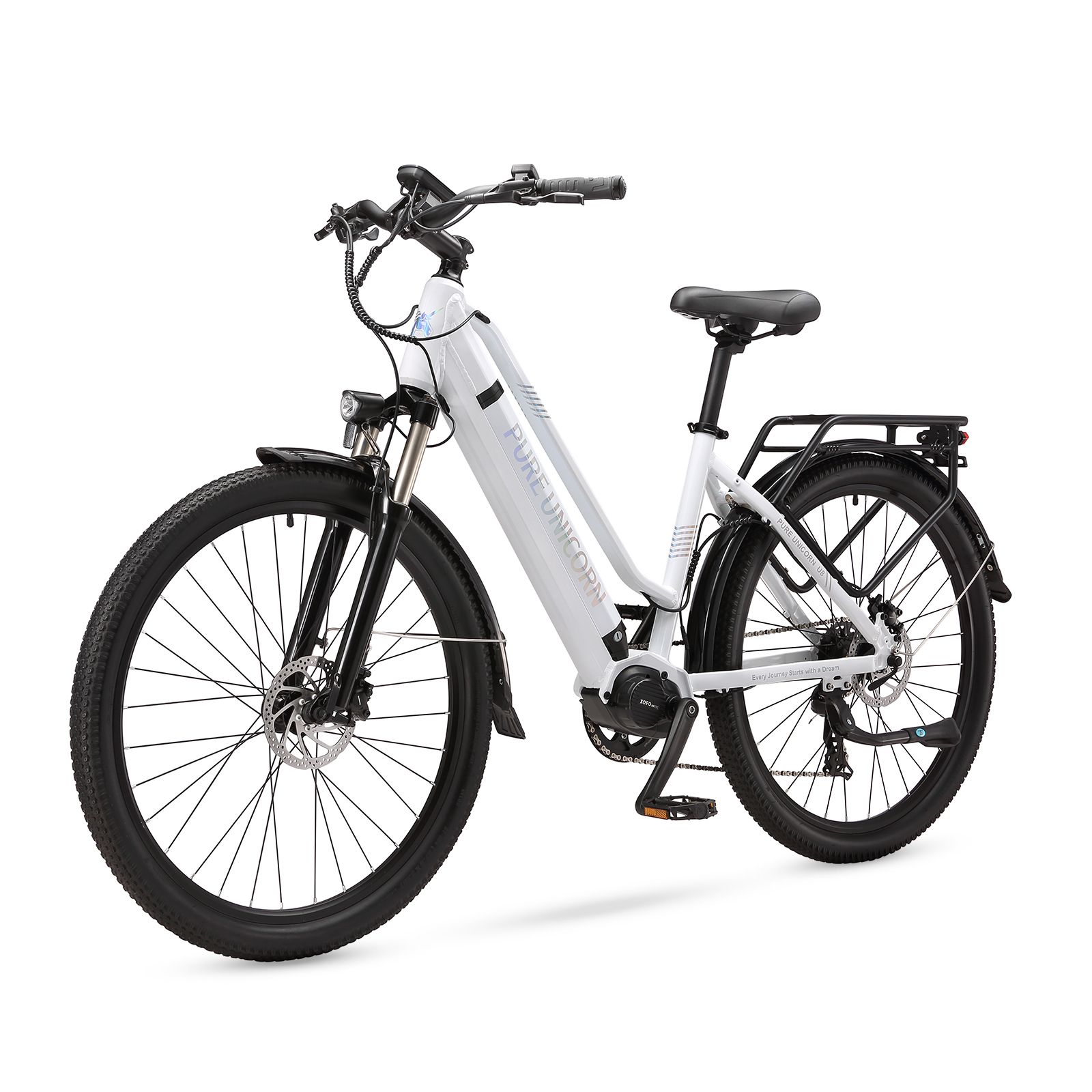 Weißes E-Bike mit schwarzen Reifen. Aufschrift: PURE UNICORN. Gepäckträger hinten.
