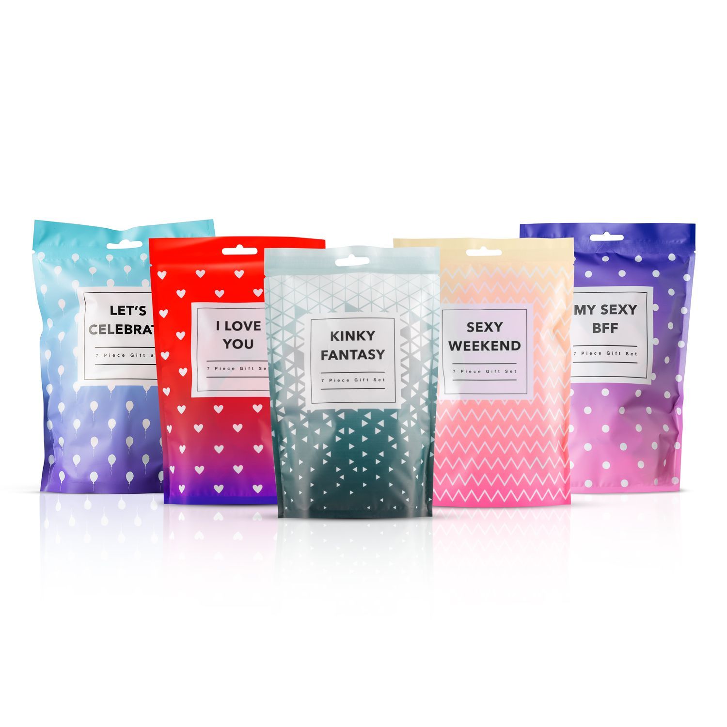 Fünf Geschenkverpackungen. Aufdrucke: "LET'S CELEBRATE", "I LOVE YOU", "KINKEY FANTASY", "SEXY WEEKEND", "MY SEXY BFF".
