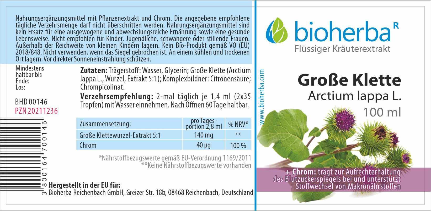 Etikett mit Produktinformationen. Bioherba Grosse Klette Arctium lappa L. Tinktur Extrakt. 100 ml Flasche. Text und Illustrationen.