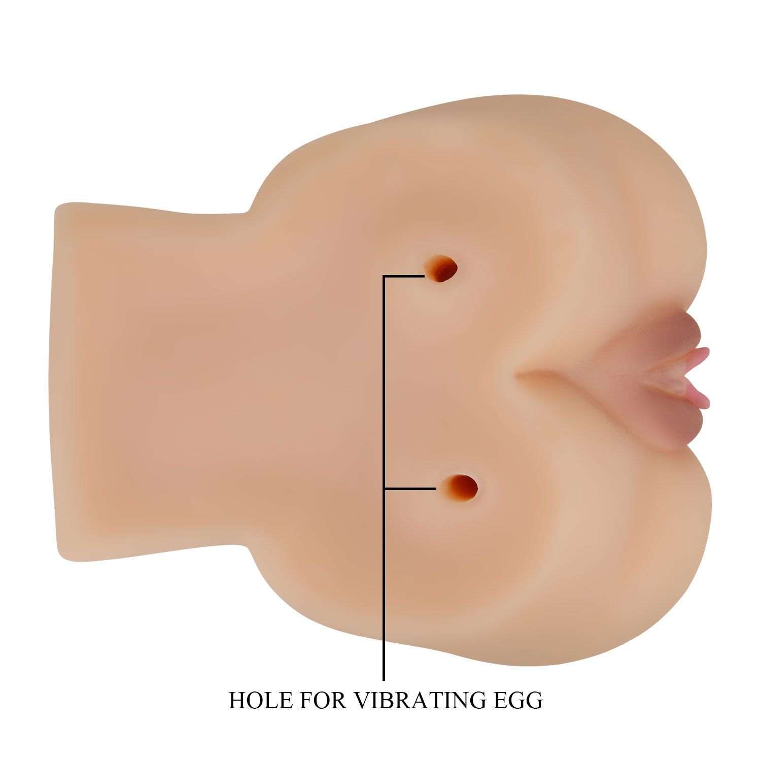 Hellrosa, anatomisch geformtes Produkt mit zwei Öffnungen. Beschriftung: Hole for vibrating egg.