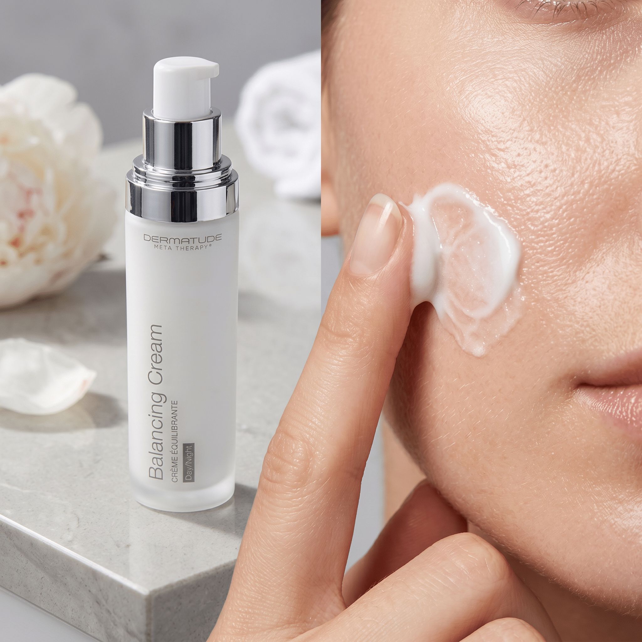 Flasche Balancing Cream neben einem Gesicht, auf das Creme aufgetragen wird.