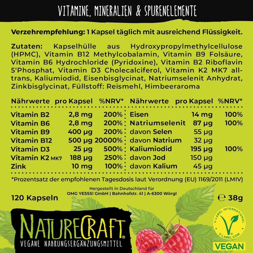 Verpackung und Dose mit veganen All-In-One-Kapseln, Beeren und V-Label.
