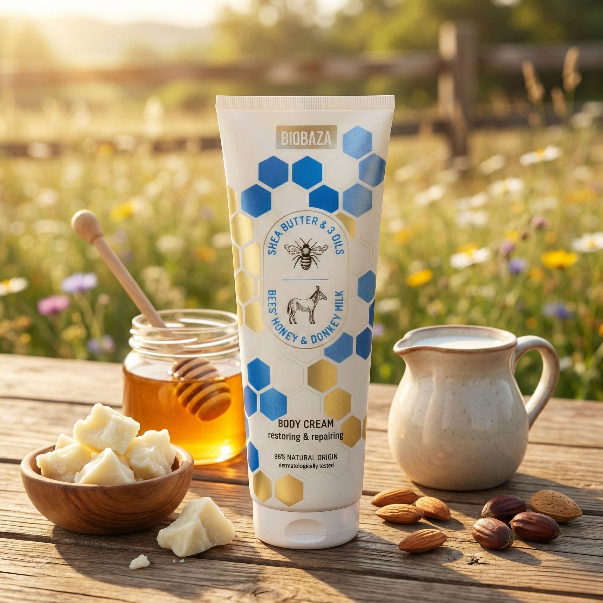 Creme-Tube mit Honigwabe-Design. Aufschrift: Shea Butter & 3 Öle, Bienen, Honig & Eselsmilch. Zusätzliche Elemente: Honig, Sheabutter, Milch.