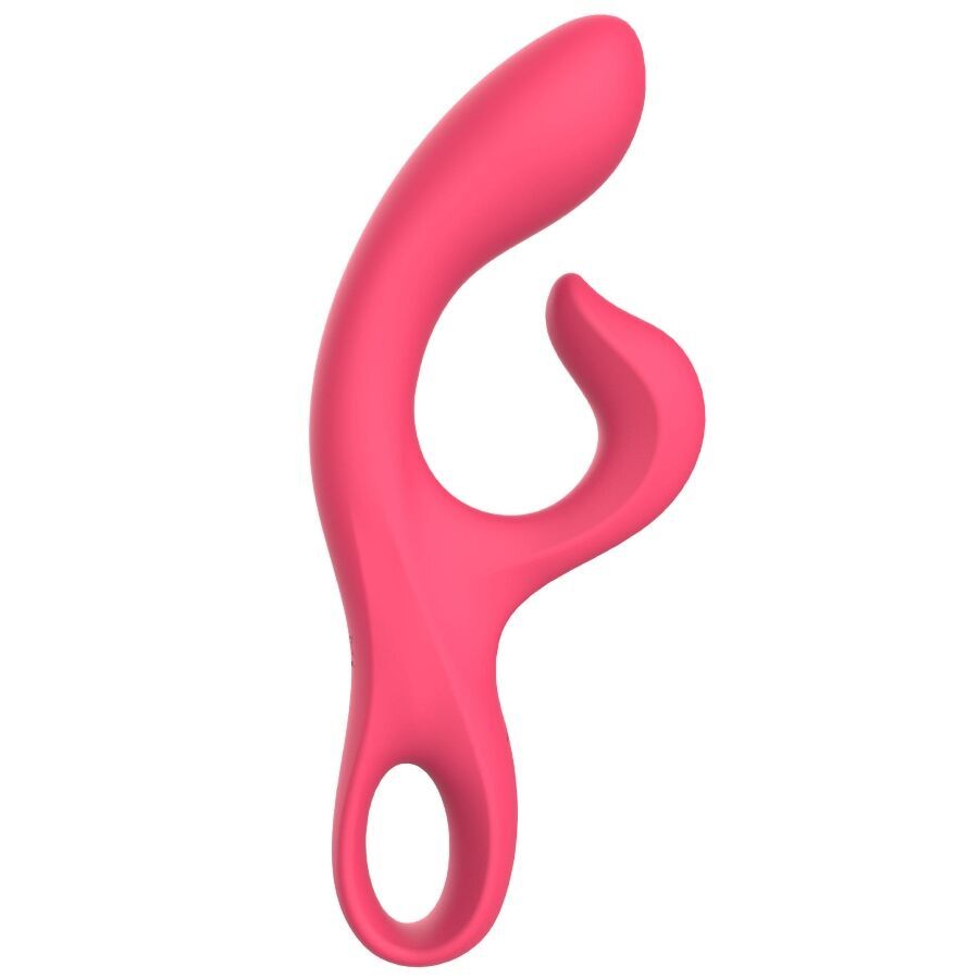 Rosa Vibrator mit geschwungener Form. Ein Ende ist abgerundet, das andere hat eine Schlaufe. Glatte Oberfläche.