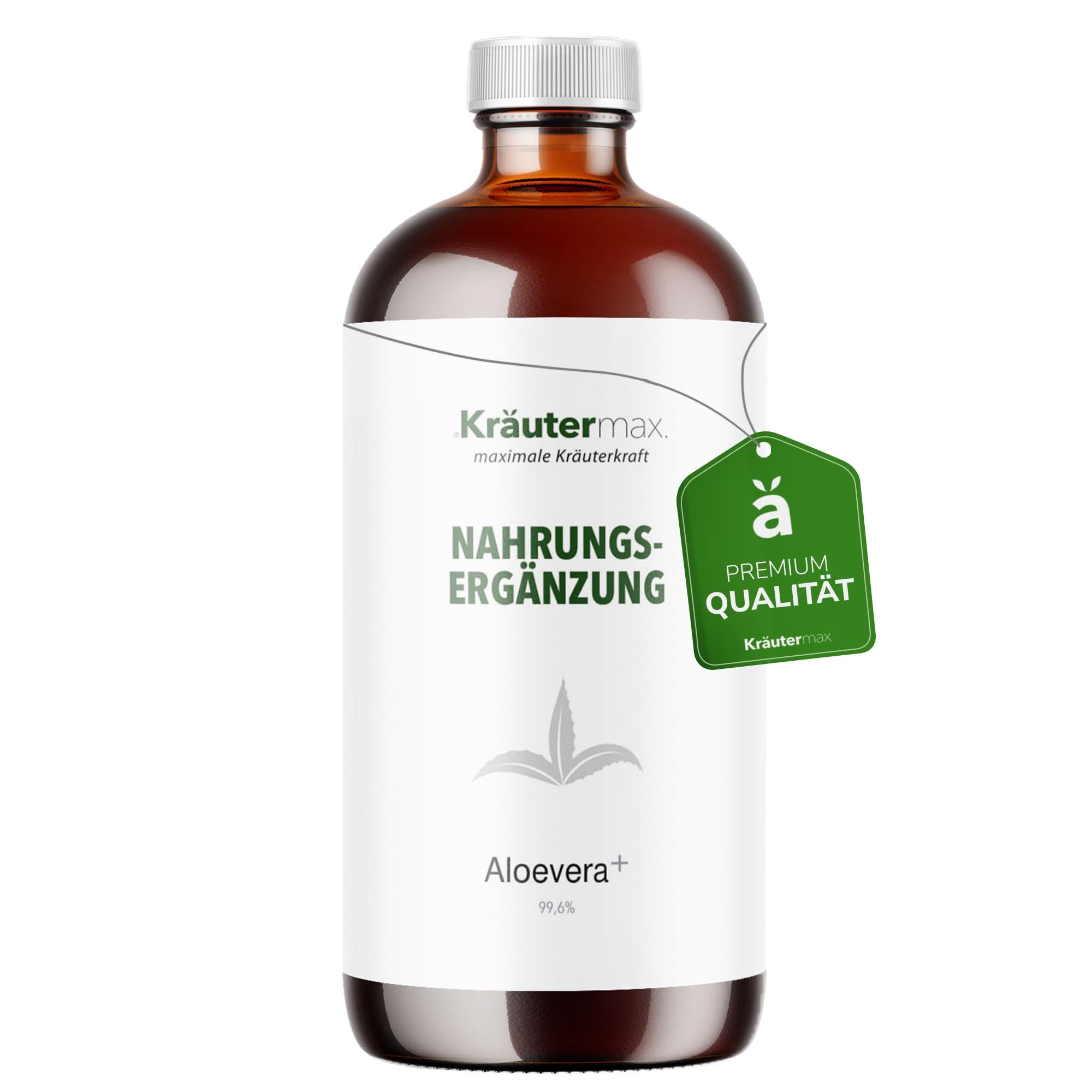 Braune Flasche mit Kräutermax-Etikett und Premium-Qualität-Siegel. Text: Nahrungsergänzung, Aloe vera.