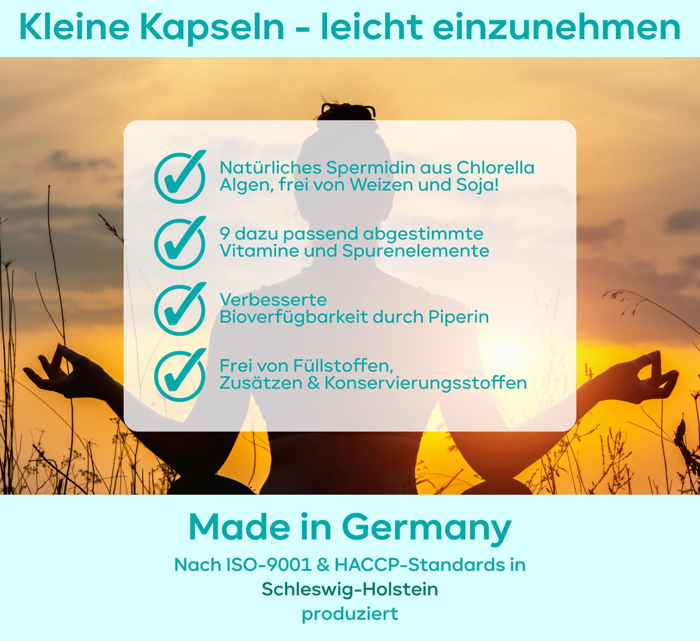 Text auf blauem Hintergrund: Natürliches Spermidin, Vitamine, verbesserte Bioverfügbarkeit, frei von Füllstoffen. Hergestellt in Schleswig-Holstein.