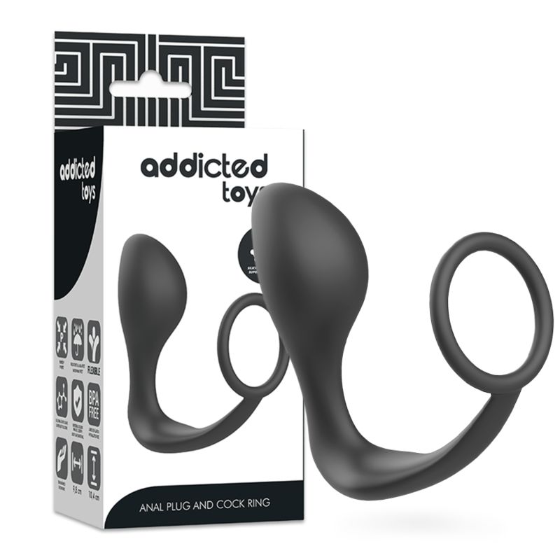 Verpackung mit schwarzem Analplug mit Ring. Marke Addicted Toys. Text: Anal Plug and Cock Ring.