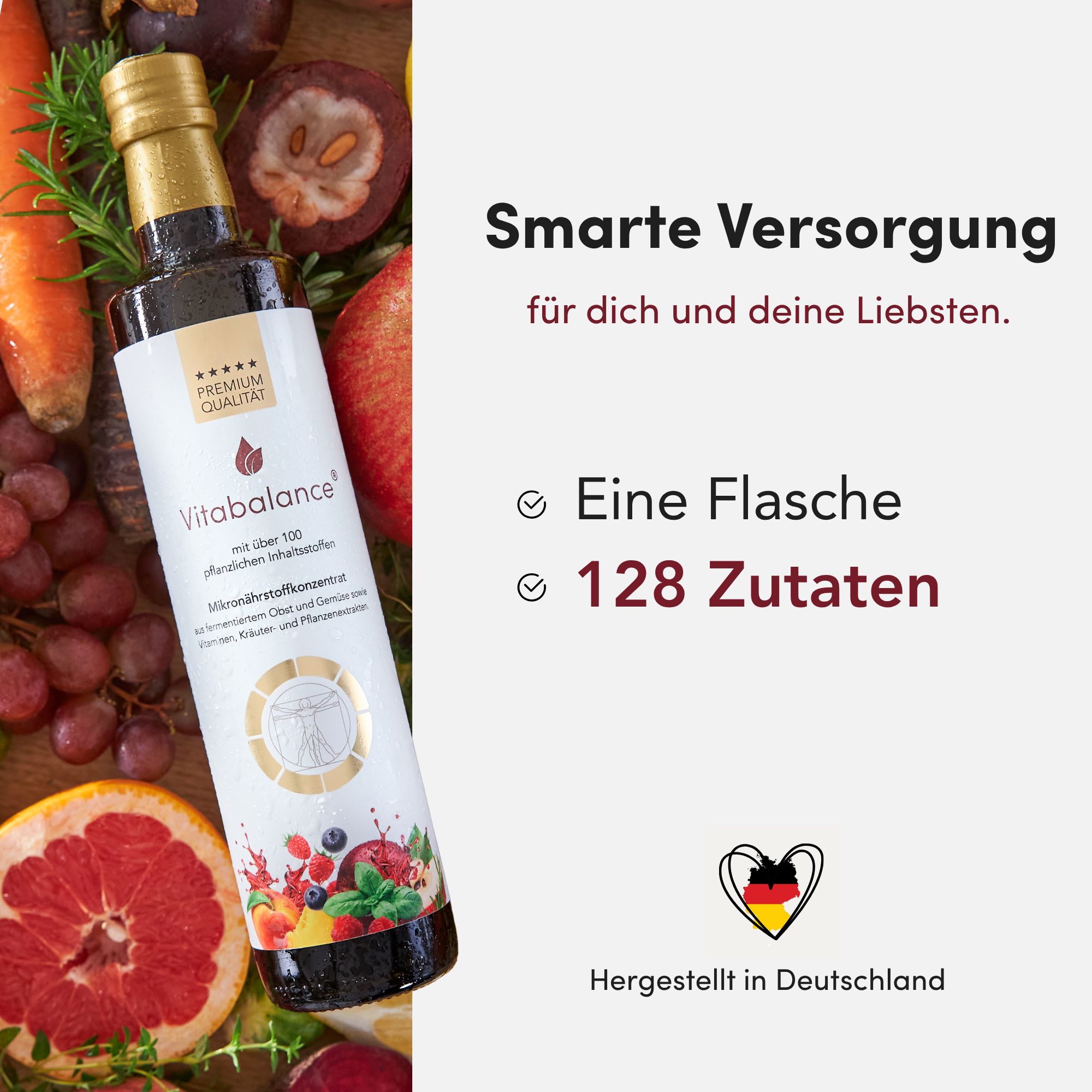 Flasche Vitabalance Mikronährstoffkonzentrat mit Früchten und Gemüse. "Premium Qualität".