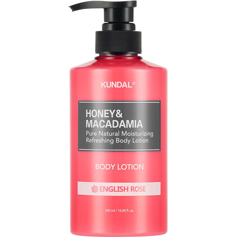 Kundal Körperlotion in English Rose Duft. Rosa Flasche mit schwarzem Pumpspender. 500ml.