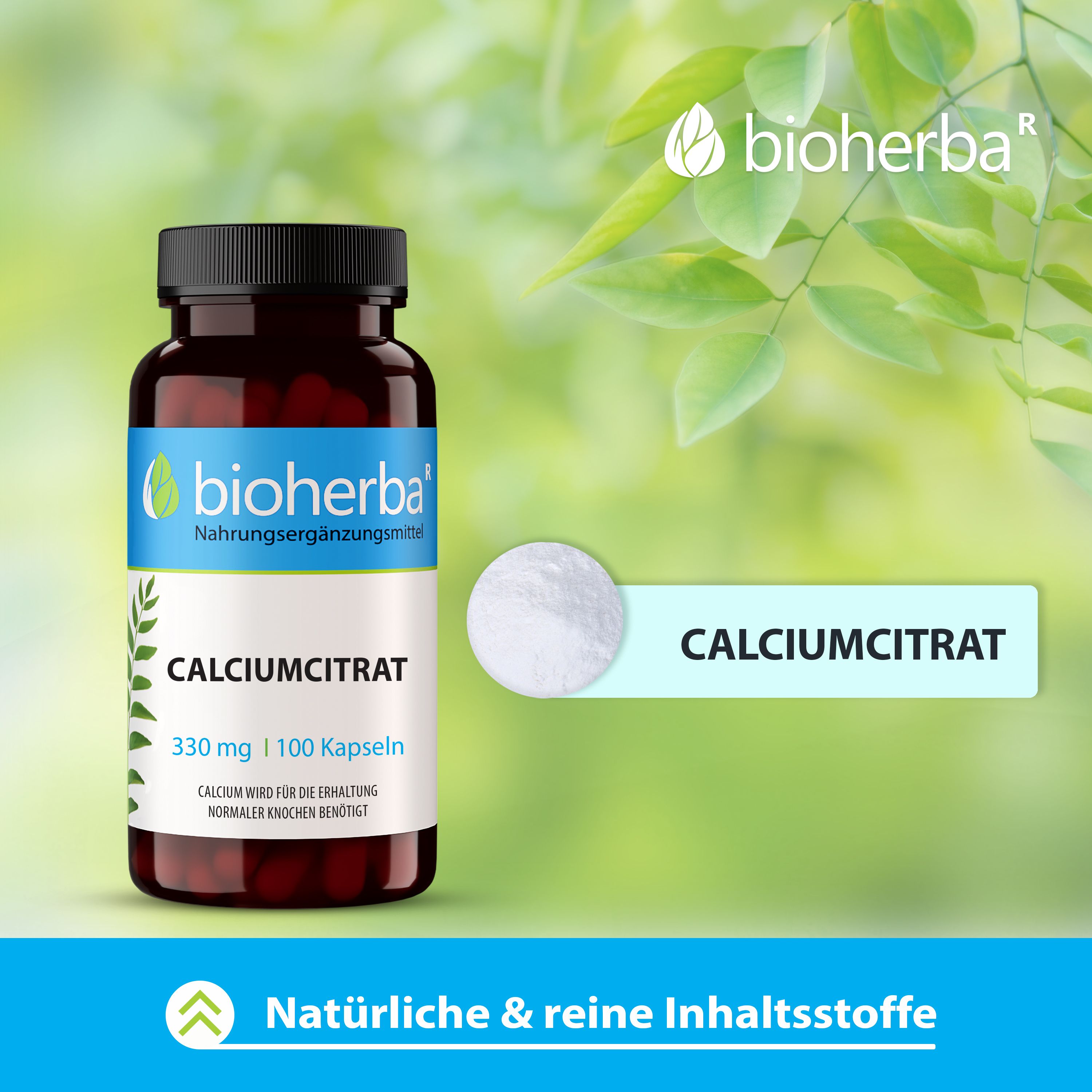Braune Flasche mit schwarzen Deckel. Enthält Calciumcitrat Kapseln. Marke: Bioherba. Text: 330 mg | 100 Kapseln. Aufschrift: Calcium für Knochen und Zähne.