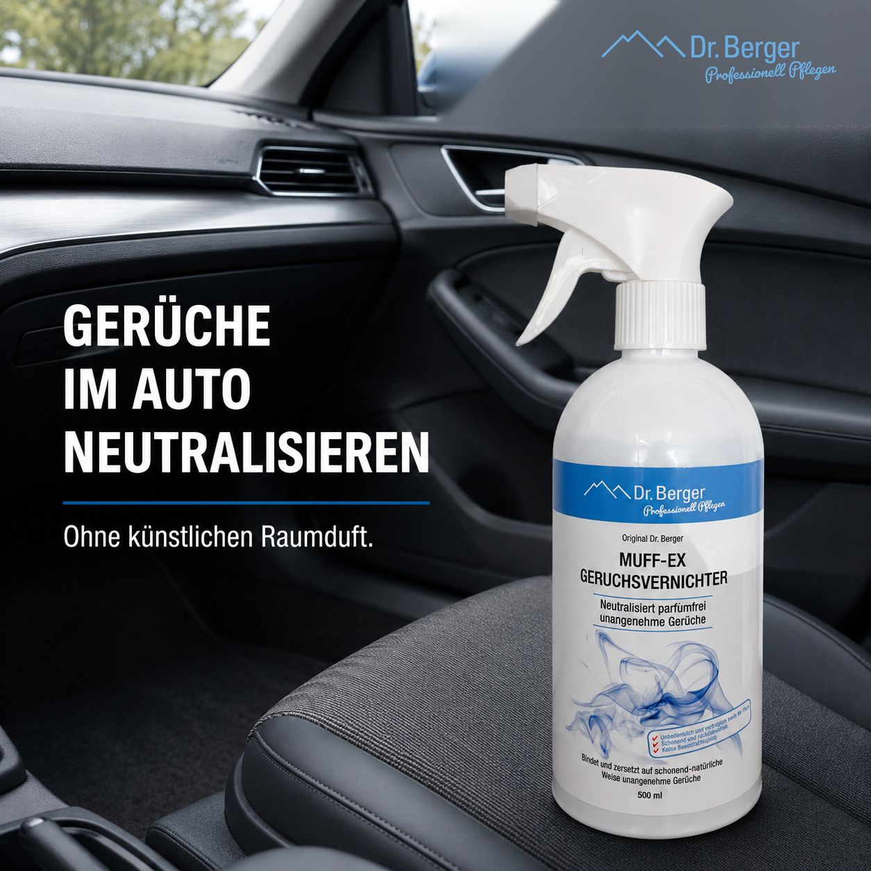 Dr. Berger Muff-Ex Geruchsvernichter Sprühflasche im Auto-Innenraum, zur Geruchsneutralisierung.