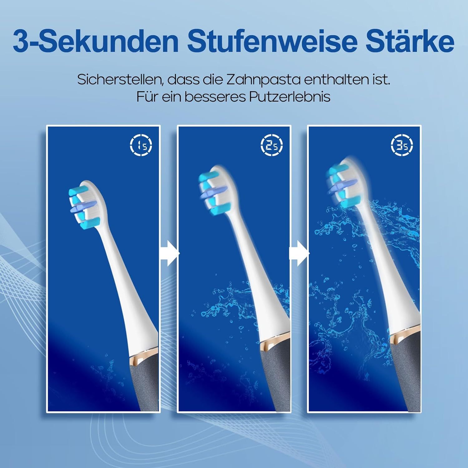Elektrische Zahnbürste mit drei Stufen der Stärke, die die Zahnpasta auftragen.