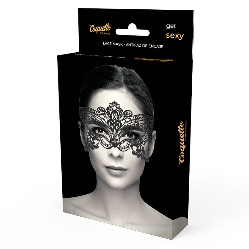 Verpackung mit schwarzer Spitzen-Augenmaske. Marke Coquette, Schriftzug 'get sexy'. Frau mit Maske abgebildet.