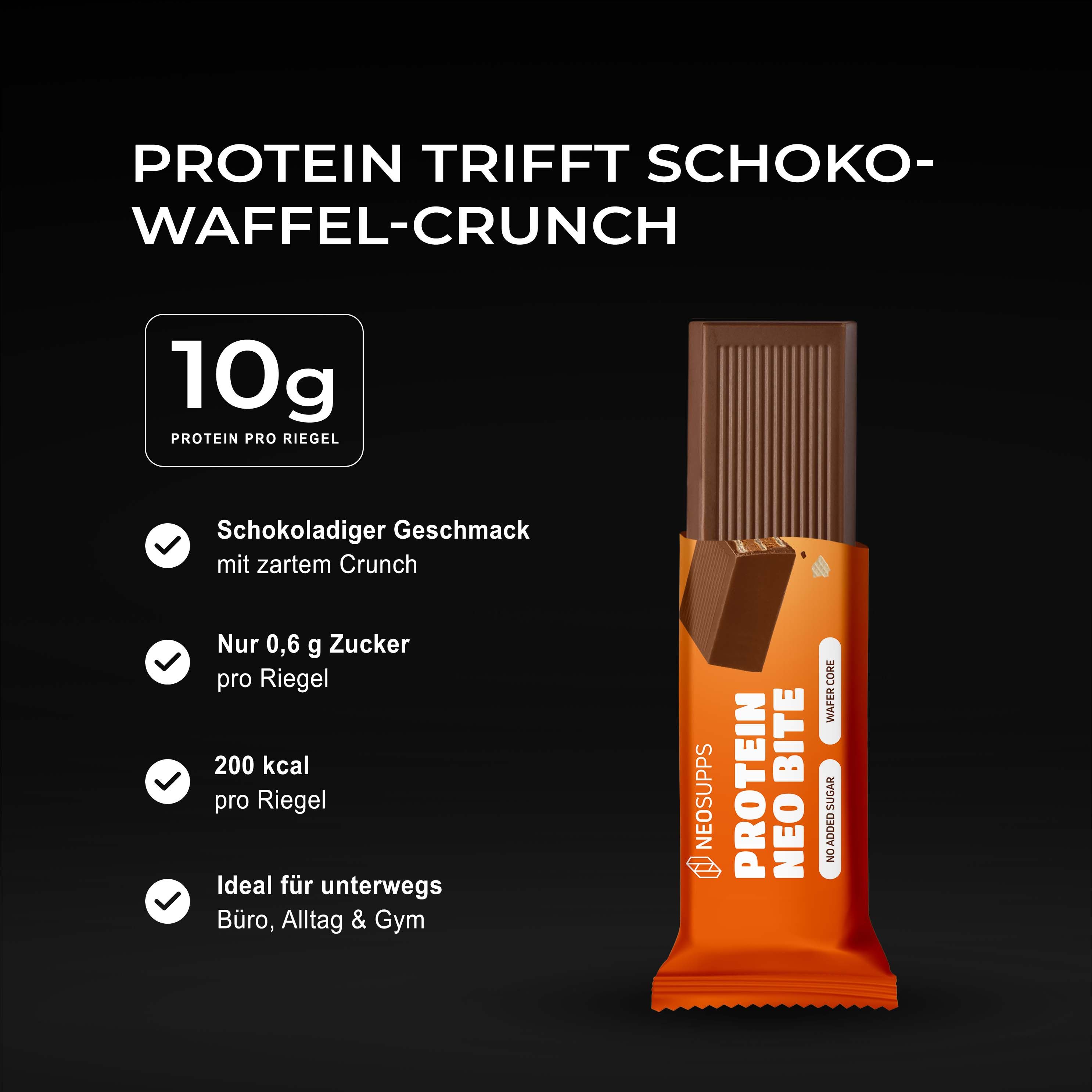 Neosupps NeoBite Proteinriegel Schoko: 10g Protein, zarter Crunch, wenig Zucker.