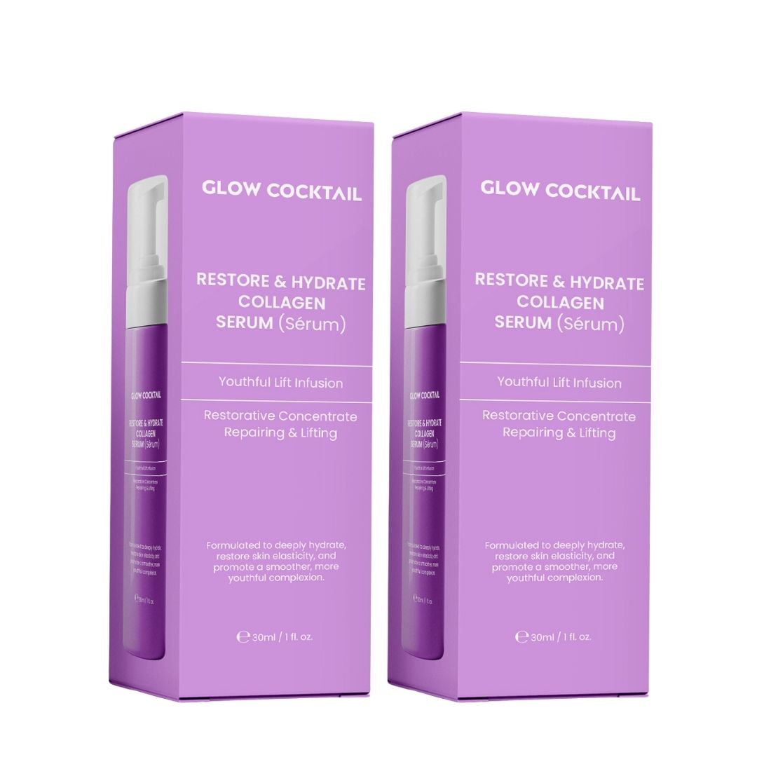 Zwei lila Kartons mit weißen Pumpflaschen. Text: Glow Cocktail, Restore & Hydrate Collagen Serum. Youthful Lift Infusion.
