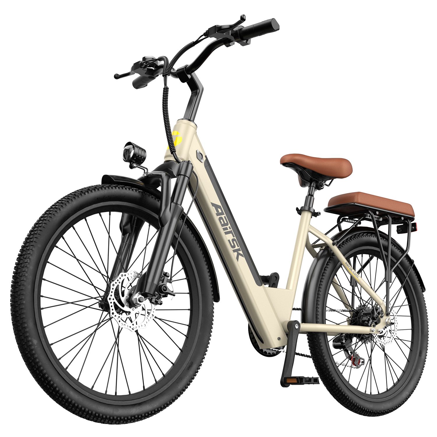 Beige Elektrofahrrad mit schwarzen Reifen und Details. Gepäckträger, brauner Sattel. Marke Aairsk.