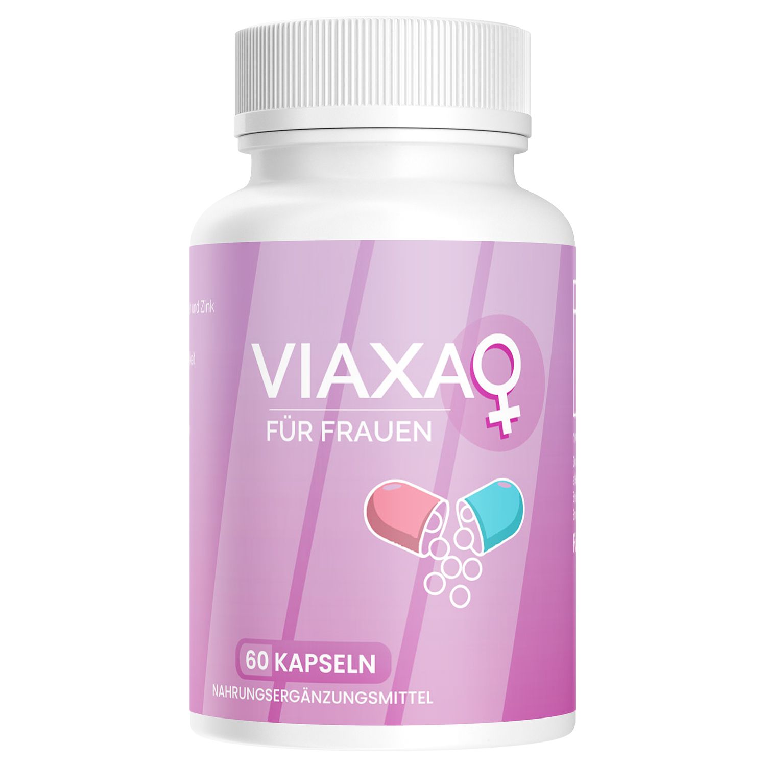Weiße Flasche mit rosa Etikett. Aufschrift: Viaxa für Frauen, 60 Kapseln. Abbildung einer geöffneten Kapsel.