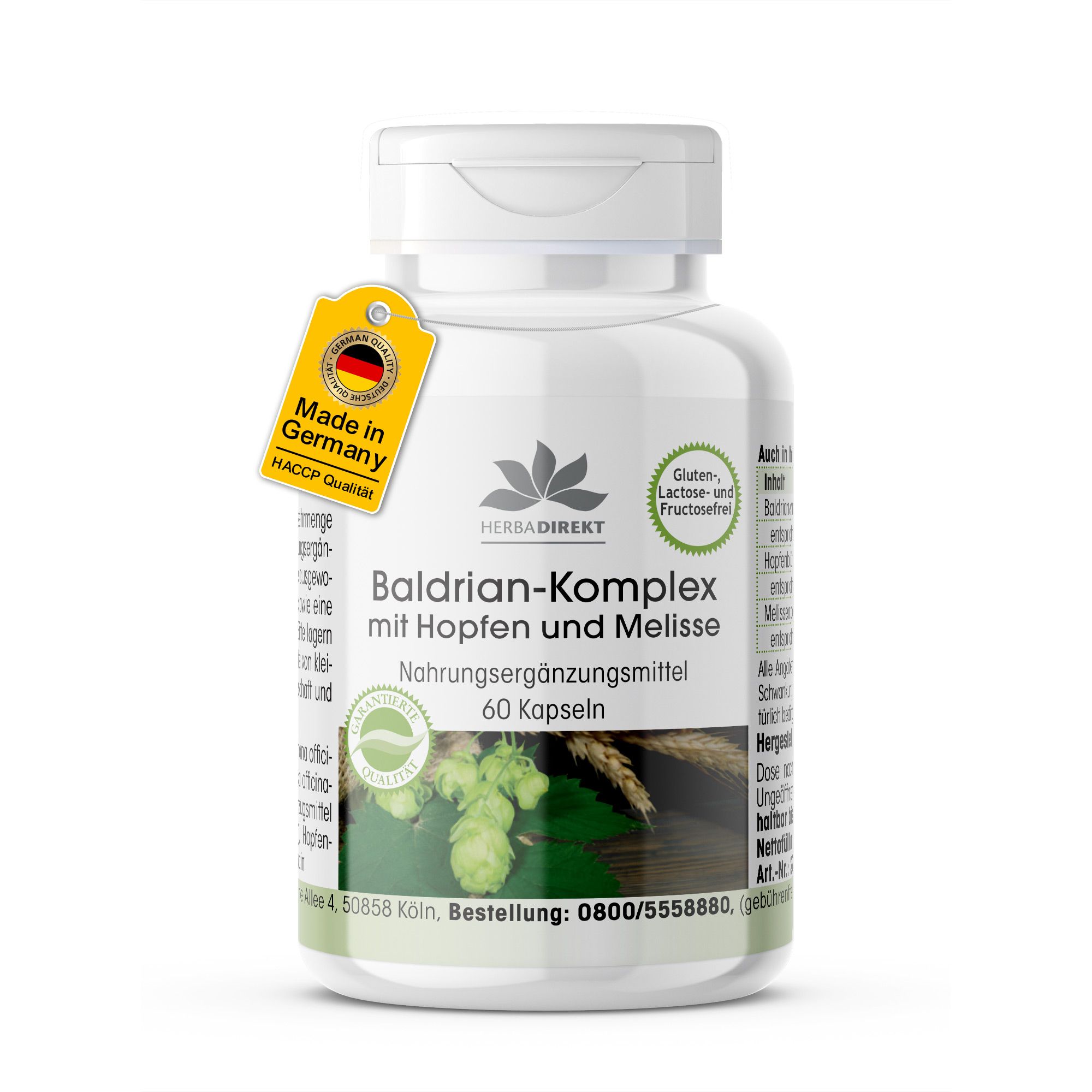 Weißes Pillenbehälter mit gelbem Anhänger. Aufschrift: Baldrian-Komplex mit Hopfen und Melisse. 60 Kapseln. Gluten-, Laktose- und Fructosefrei.