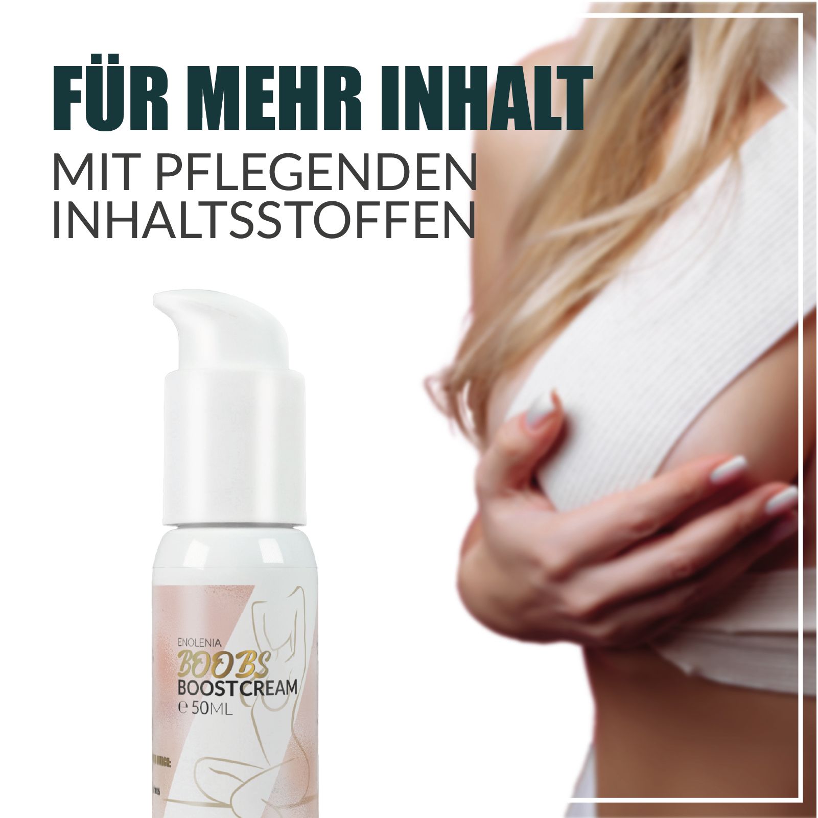 Creme-Flasche neben einer Frau. Text: Für mehr Inhalt, mit pflegenden Inhaltsstoffen. Rosa und goldfarbene Elemente.