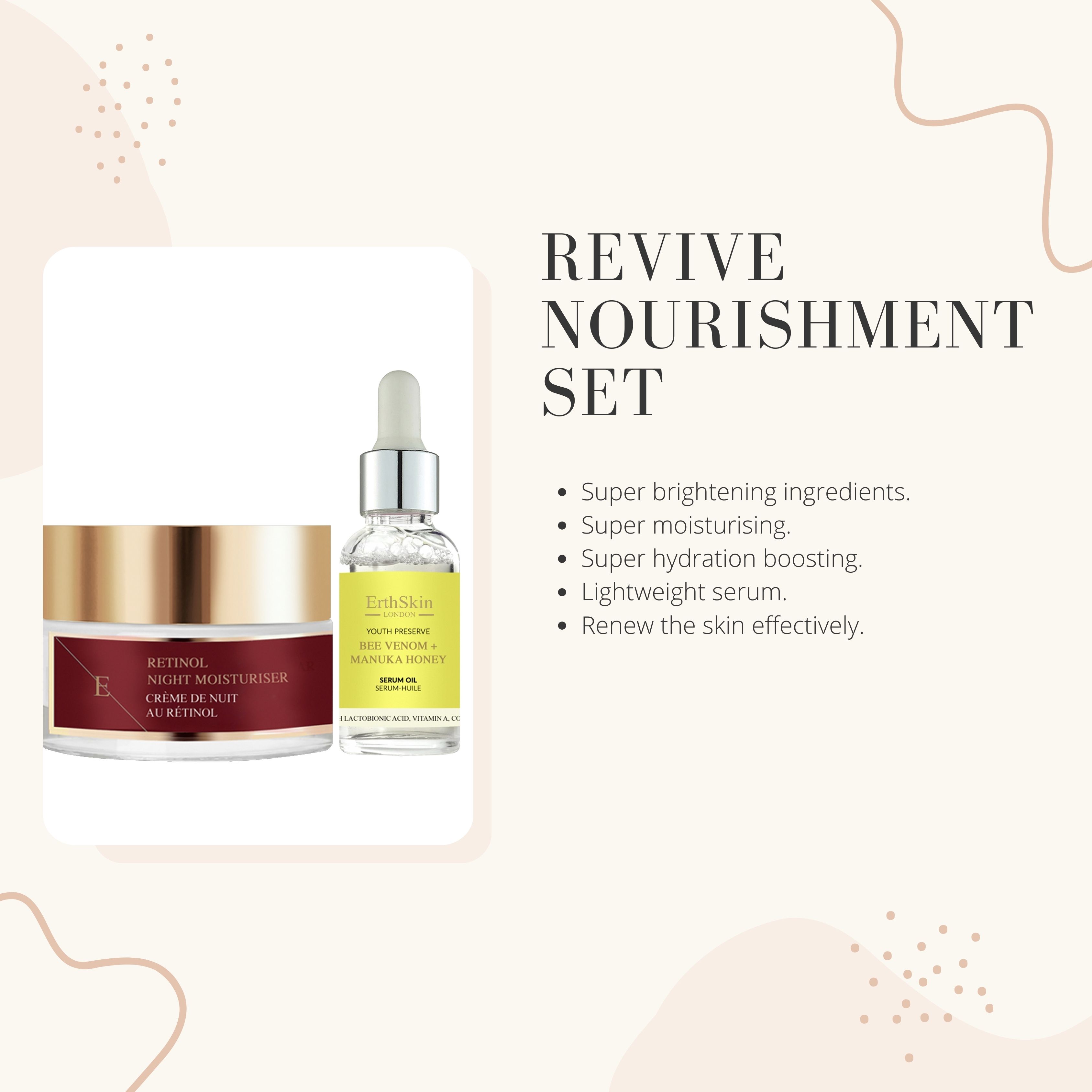 Set aus Creme und Serum. Text: Revive Nourishment Set. Inhaltsstoffe: Super aufhellend, feuchtigkeitsspendend, hydratisierend, leichtes Serum.