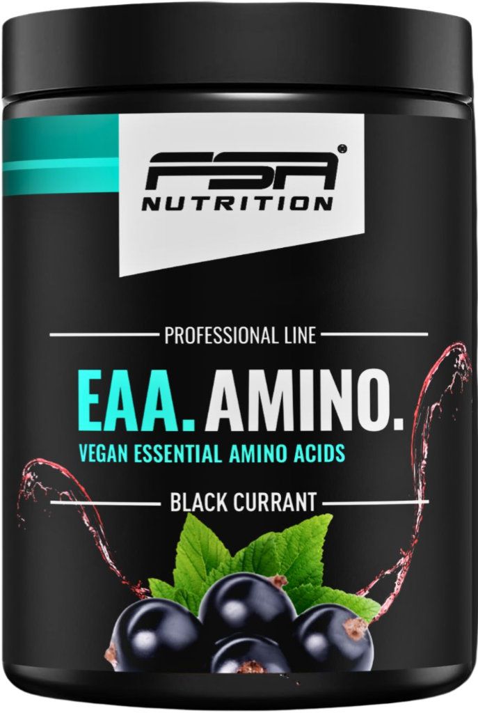 Schwarze Dose mit FSA Nutrition EAA Amino. Text: EAA.AMINO, vegan, schwarze Johannisbeere. Abbildung von Johannisbeeren.