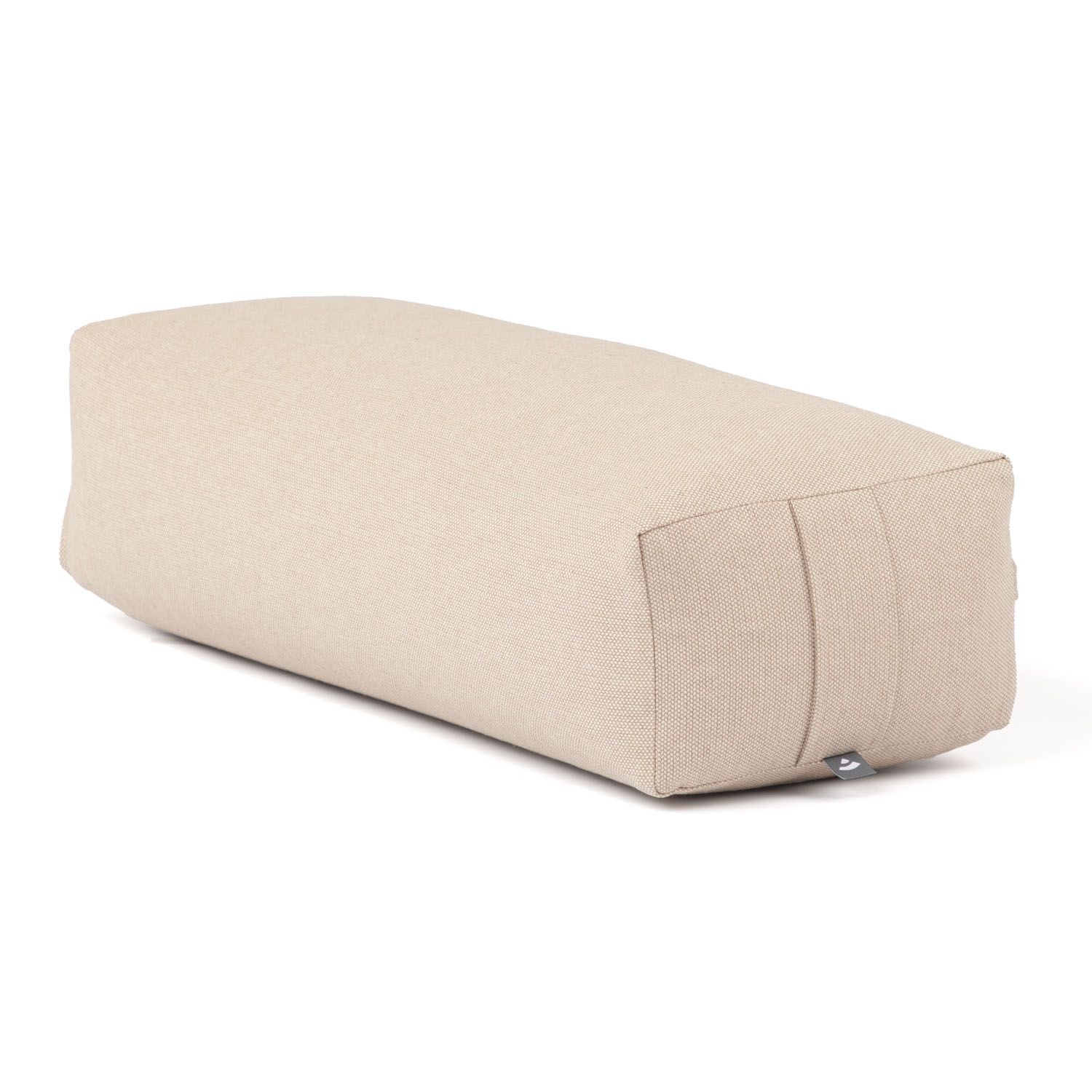Beige Yoga-Bolster. Dobby-Gewebe. Eckige Form. Seitenansicht.