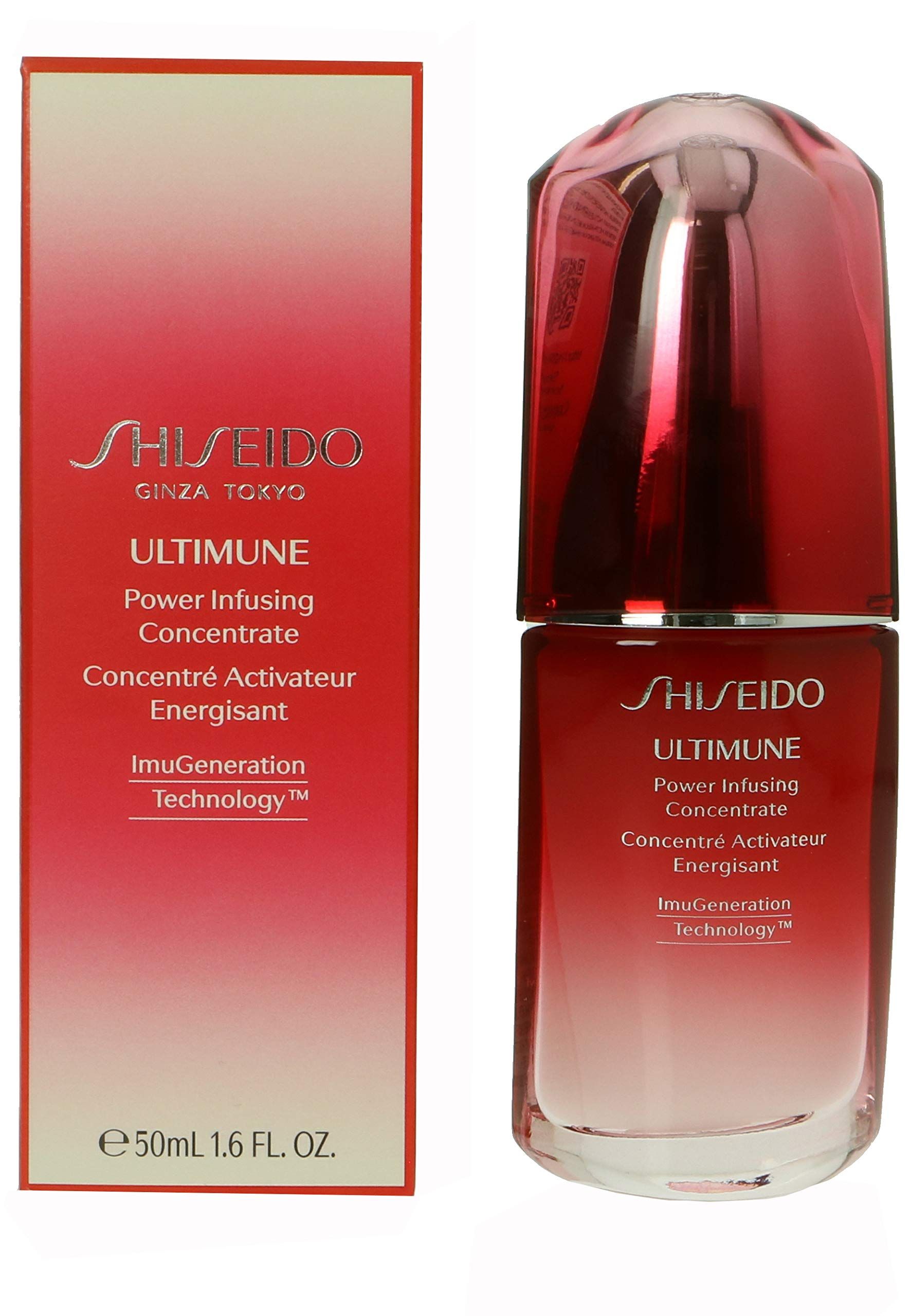 Rote Flasche und Schachtel. Aufschrift: SHISEIDO ULTIMUNE Power Infusing Concentrate. 50 ml.