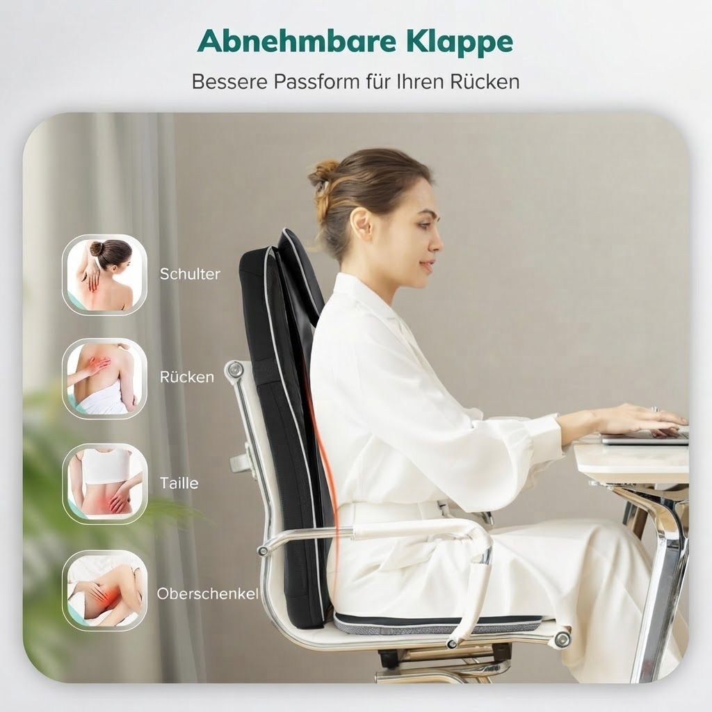 Schwarzes Shiatsu Massagekissen mit abnehmbarer Klappe für bessere Rückenanpassung.
